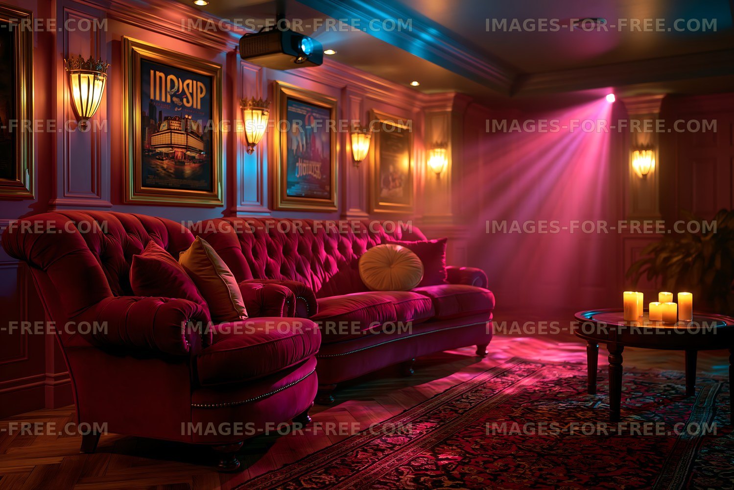 Cozy living room with a red sofa and ambient lighting