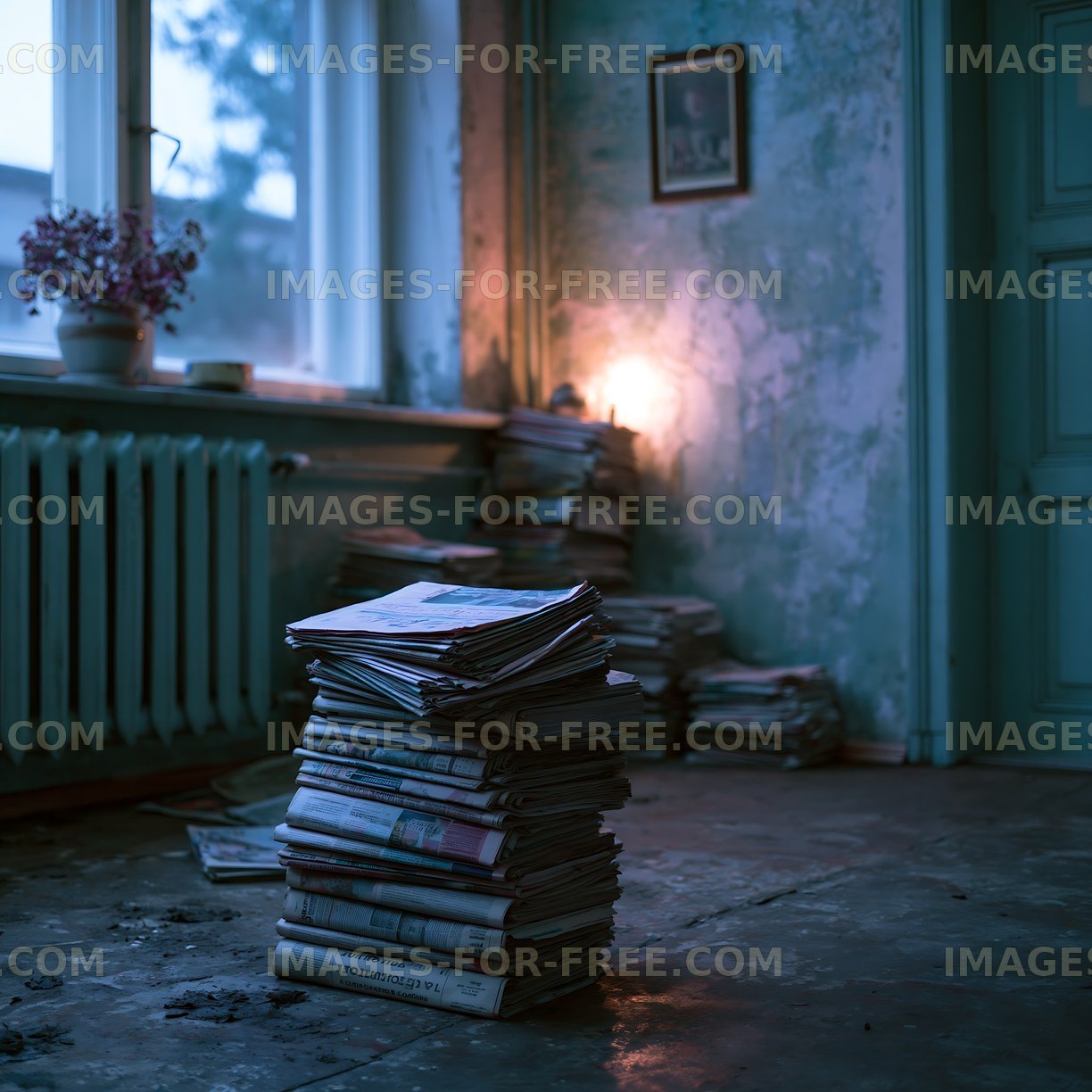 Old newspapers stacked in a dimly lit abandoned room