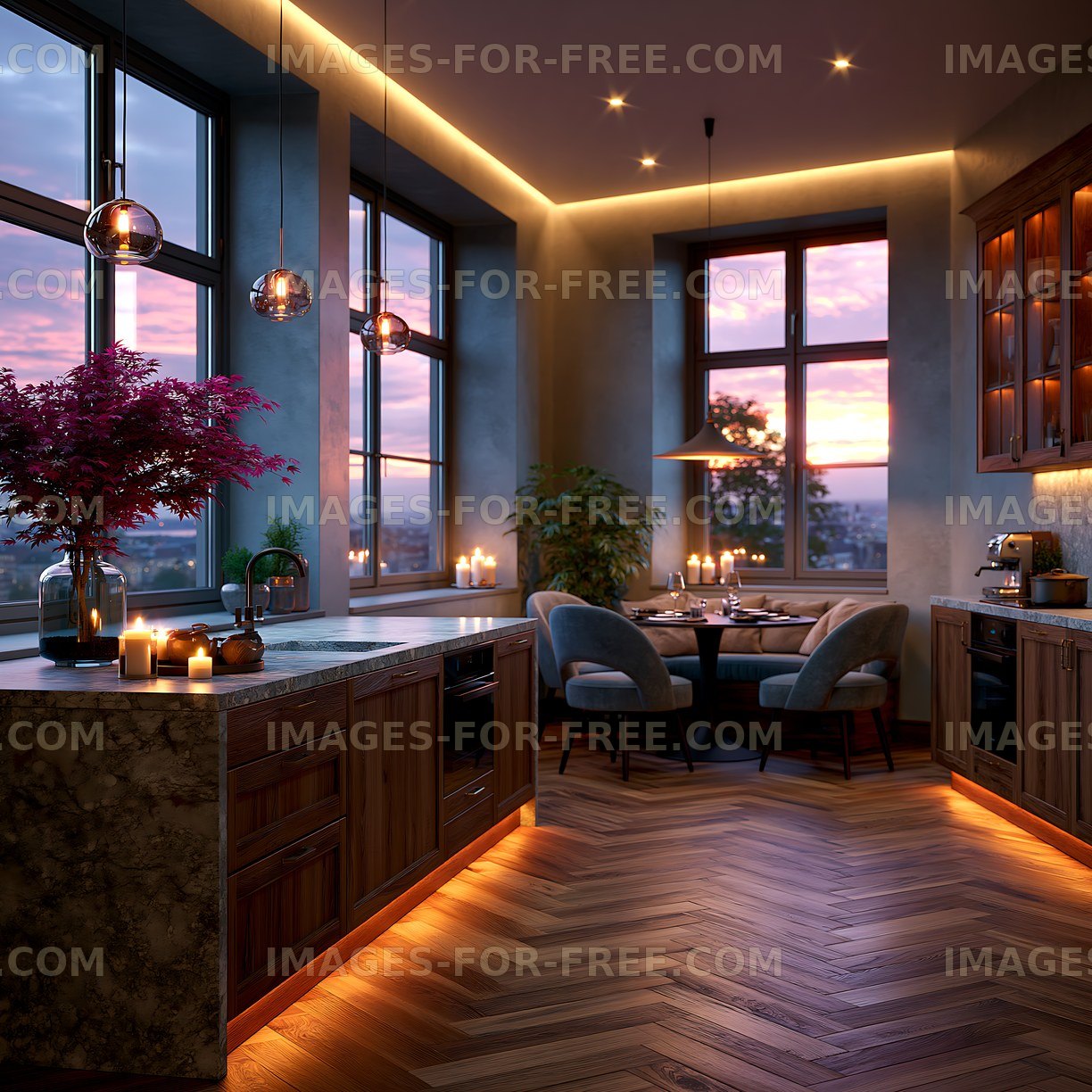 Modern kitchen with sunset view and warm lighting