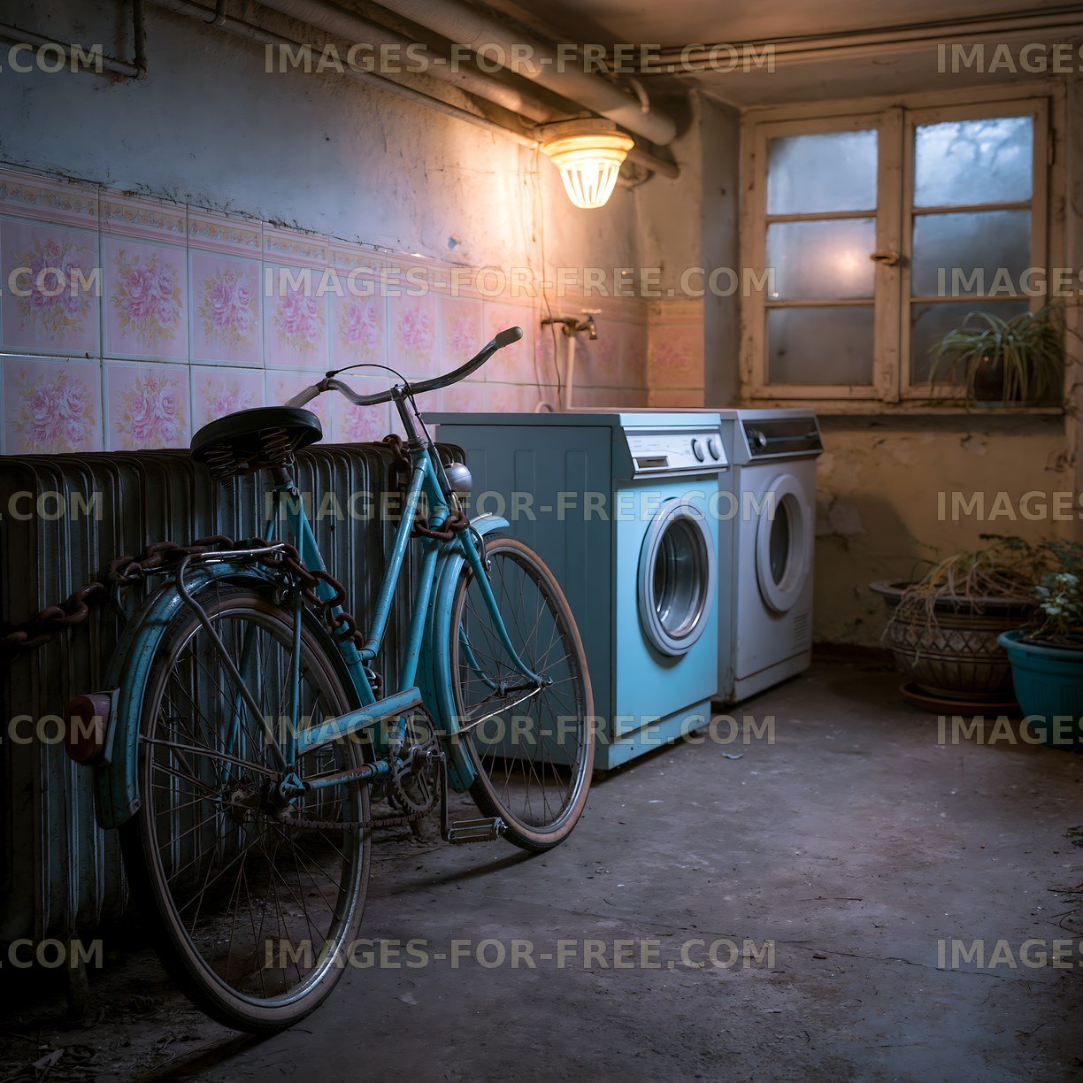 Old bicycle in a laundry room with washing machines and radiator