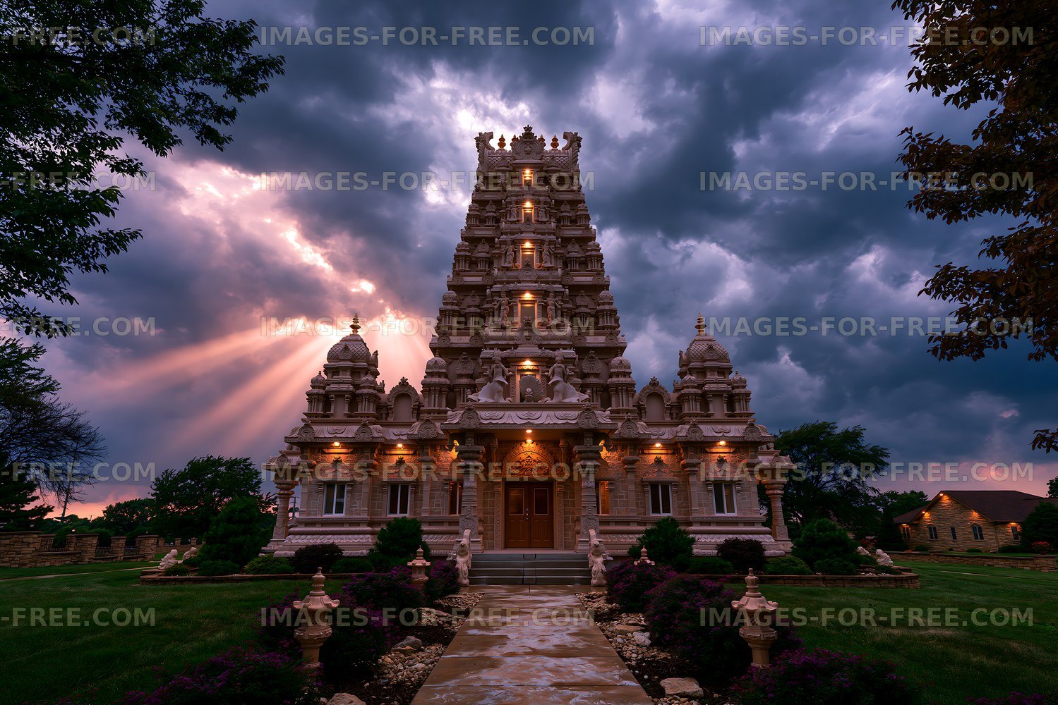 Hindu temple with detailed architecture under cloudy sky