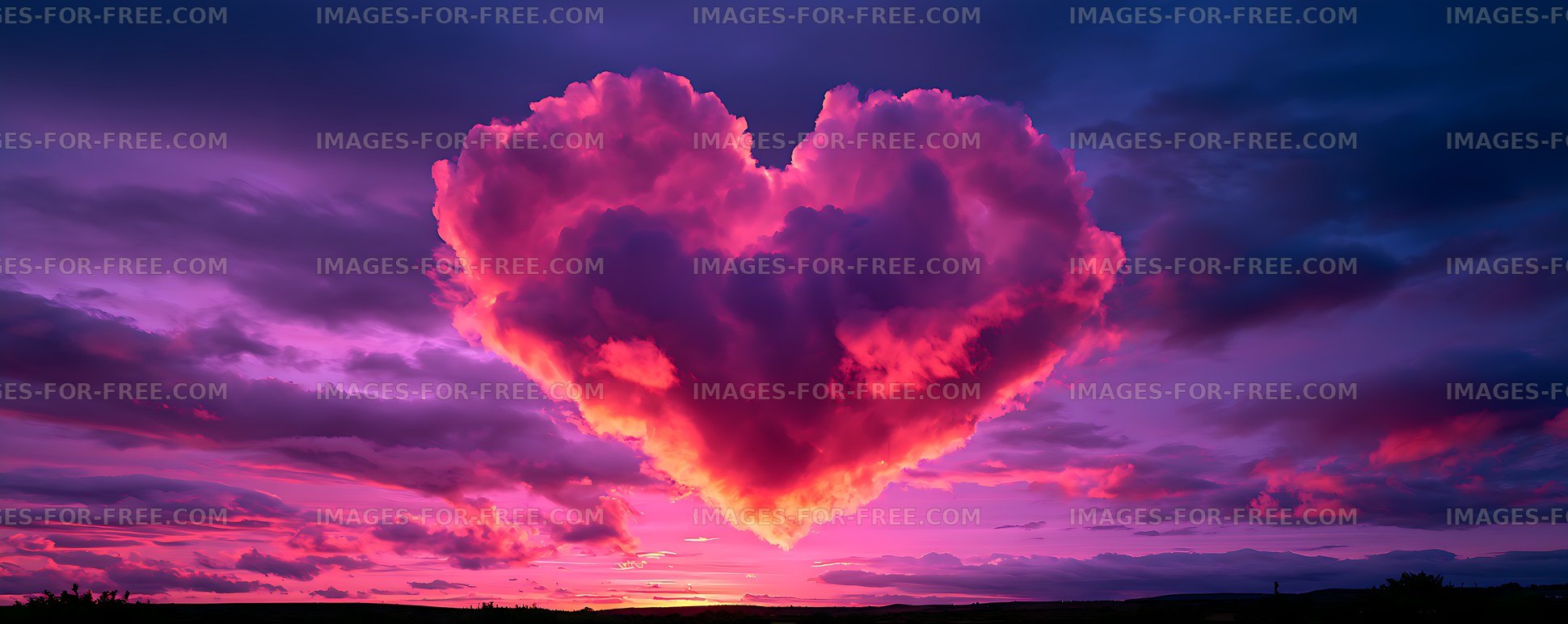 Clouds form a heart shape in a sunset sky over a landscape
