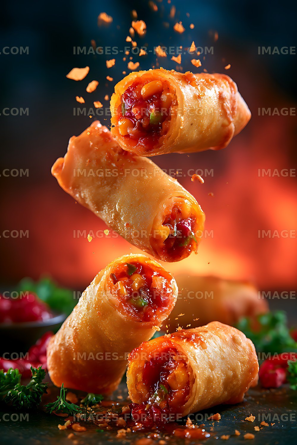 Crunchy rolls filled with vegetables falling against a dark background