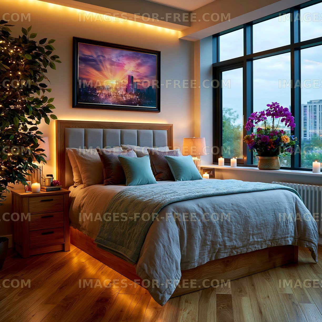Cozy bedroom with warm lighting and decorations