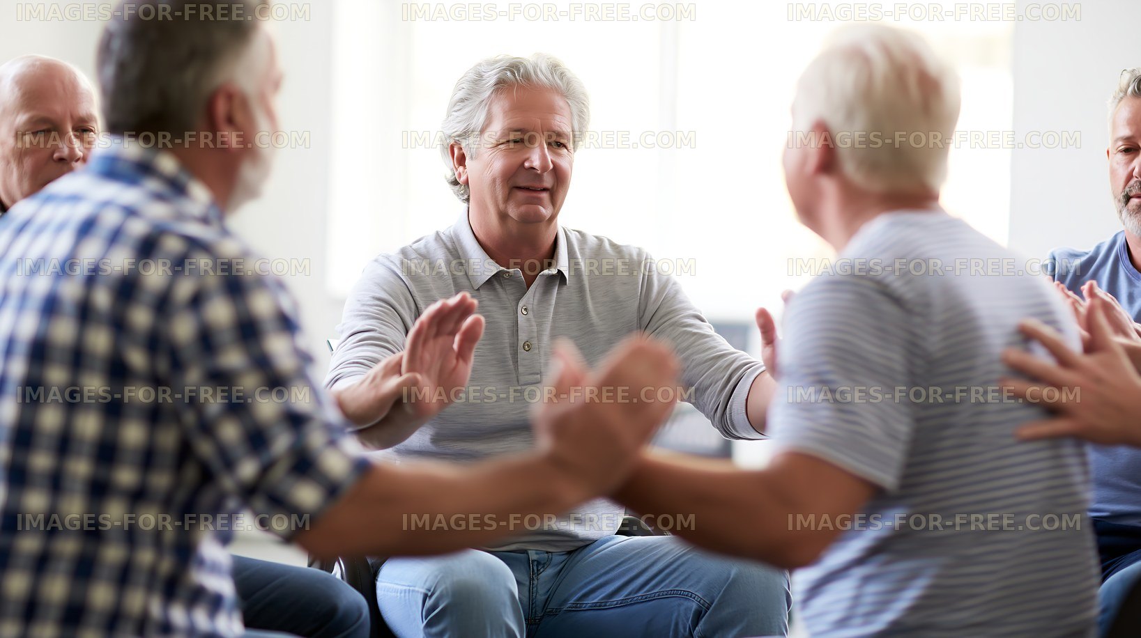 Men participating in a group activity in a bright room