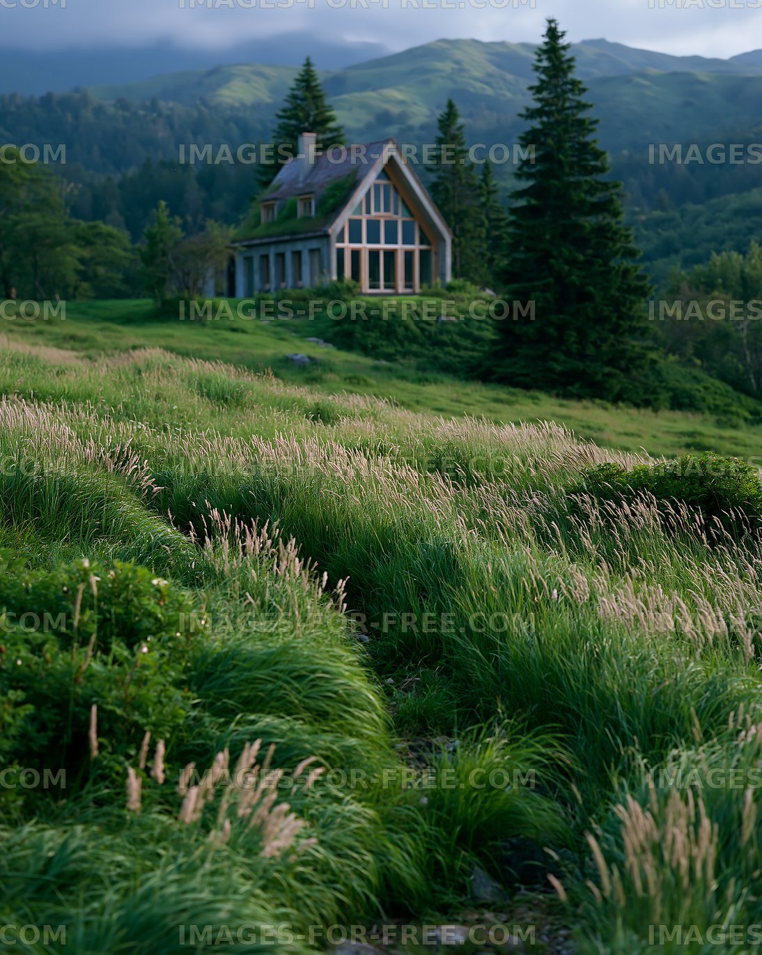 Green meadow with a house surrounded by trees and mountains