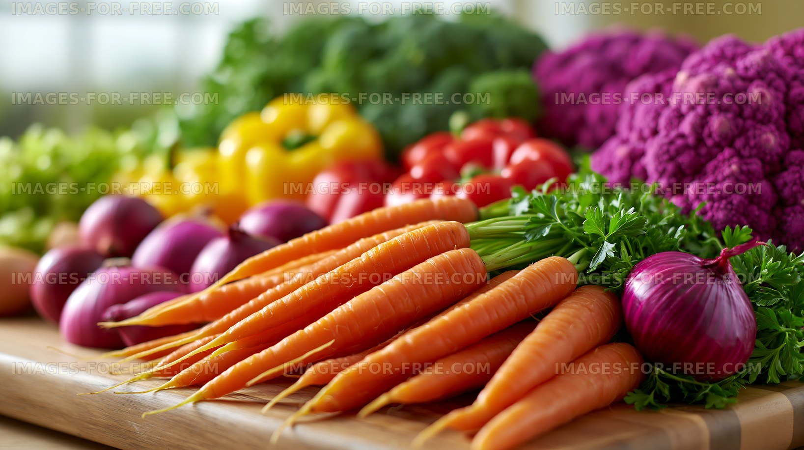 Fresh vegetables arranged on a wooden cutting board in a kitchen