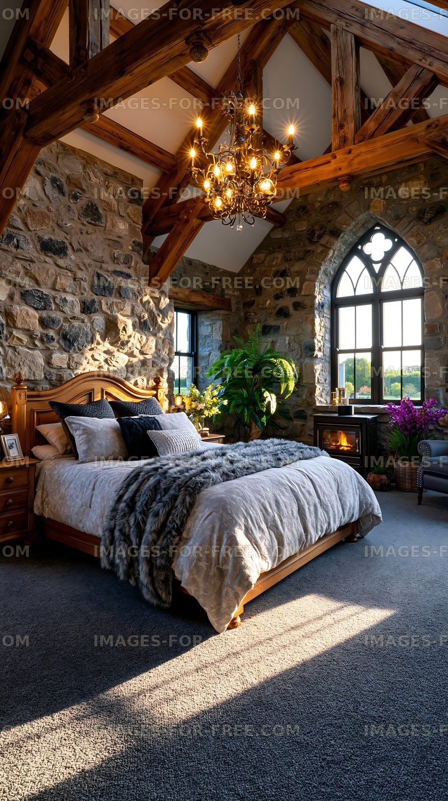Cozy bedroom with stone walls and wooden beams in a modern setting