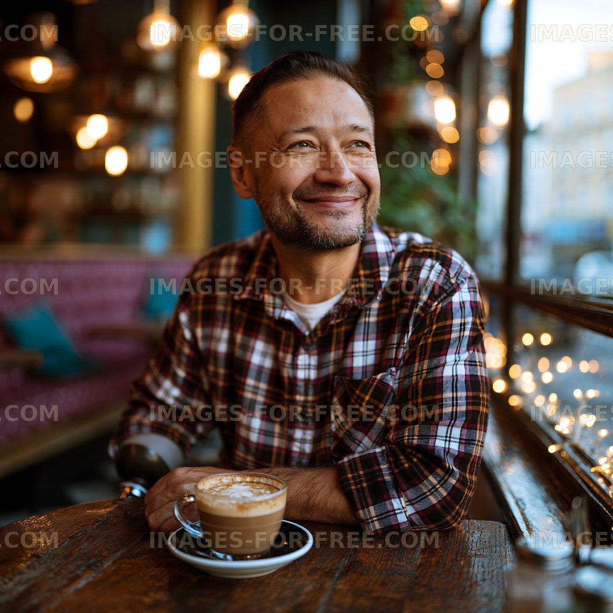 Man enjoying coffee in a cafe with warm lights at dusk