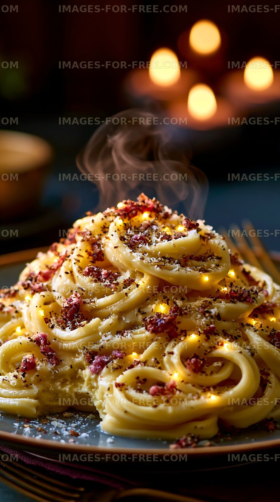 Pasta dish with steam and cheese on a dark table