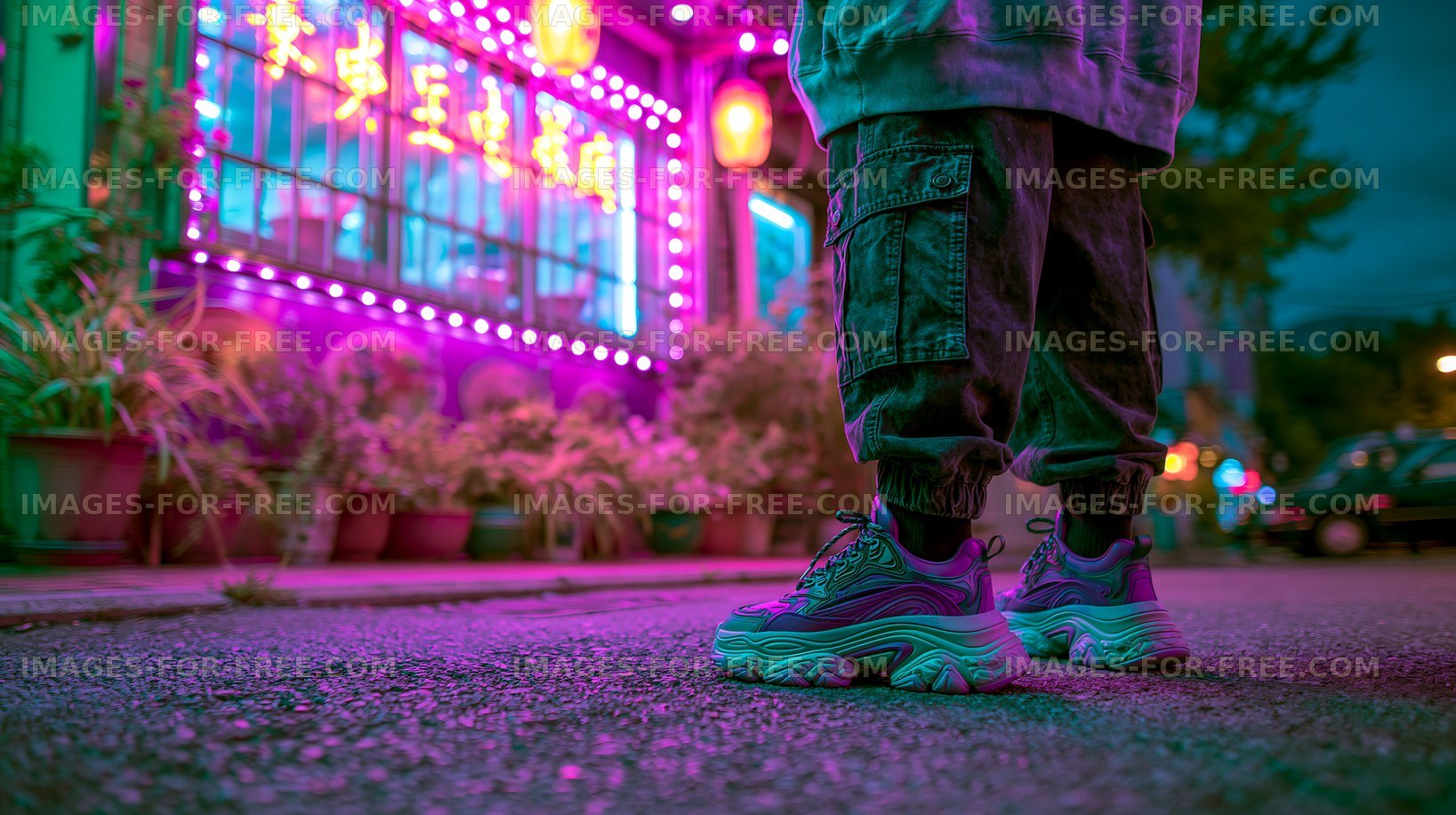 Person stands near colorful lights on a street at night