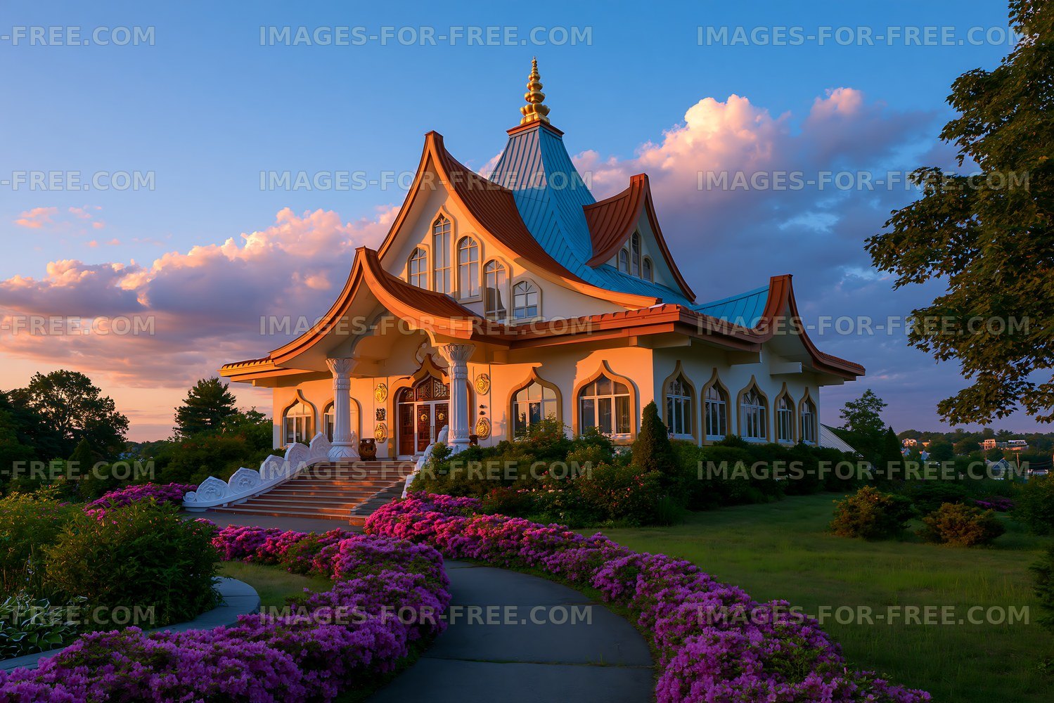 Colorful building surrounded by flowers at sunset