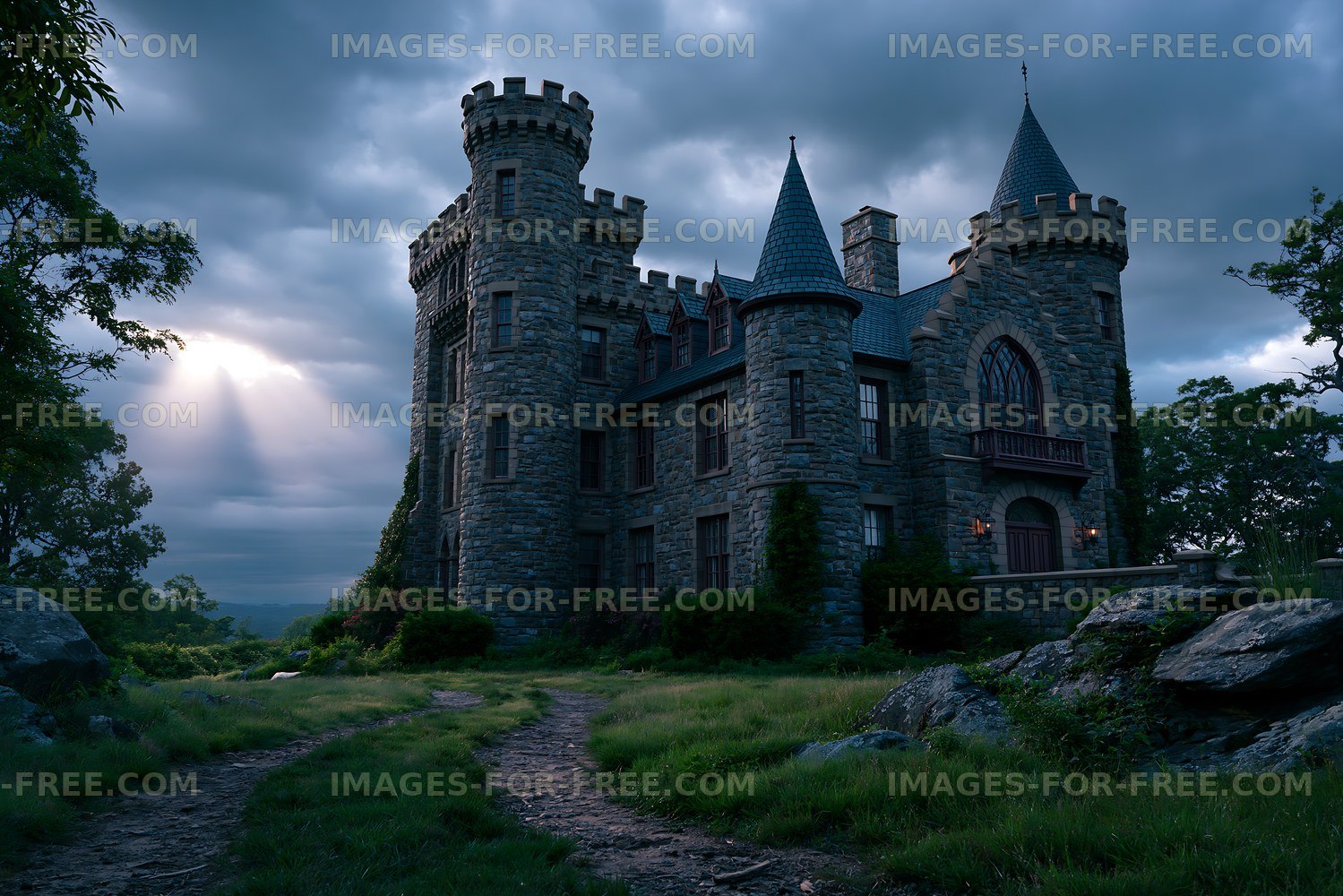Stone castle with towers under a cloudy sky at twilight