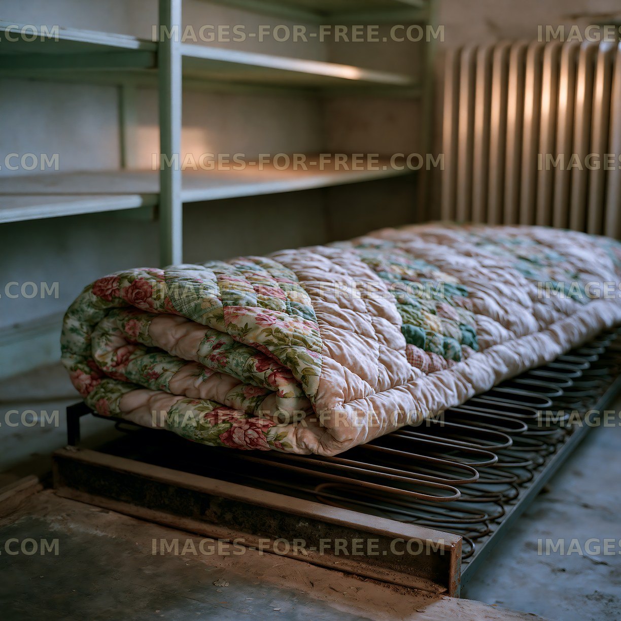Quilted bed covering on a wire bed frame in a storage space
