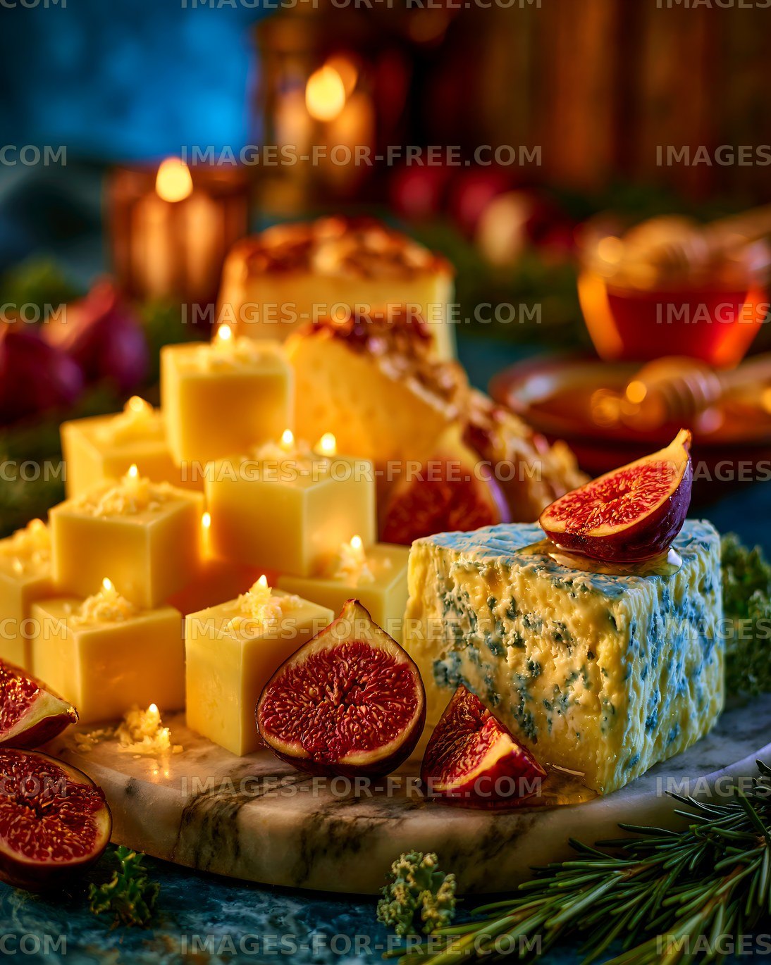 Cheese platter with figs and candles arranged on a table