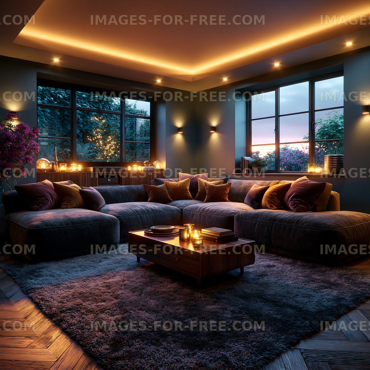 Cozy living room with warm lighting at dusk