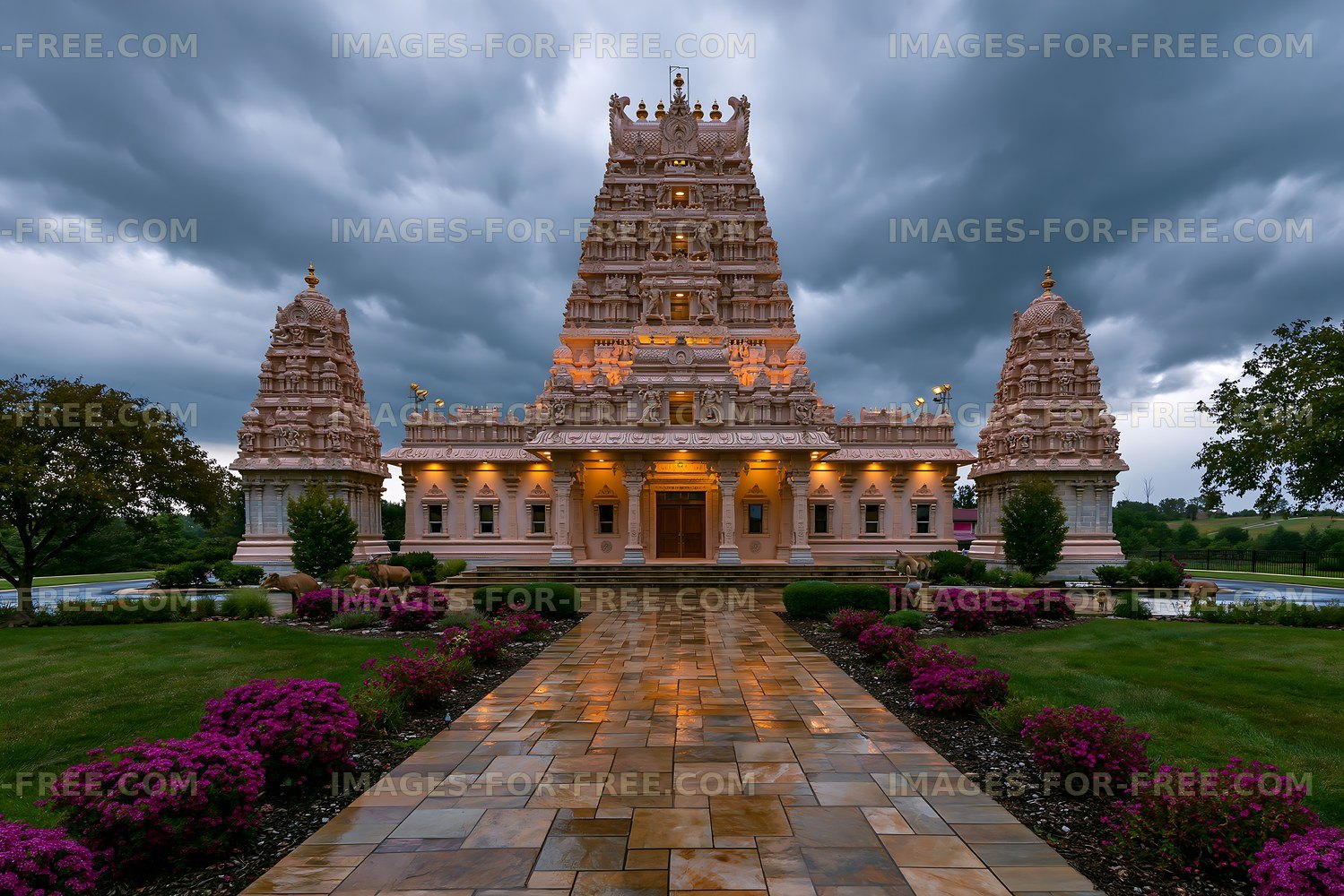Temple stands under dark storm clouds near flower garden