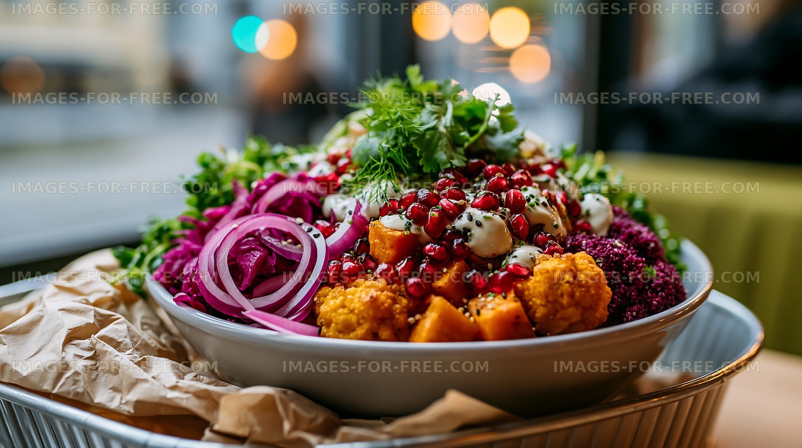 Colorful salad bowl with fresh vegetables and pomegranate seeds