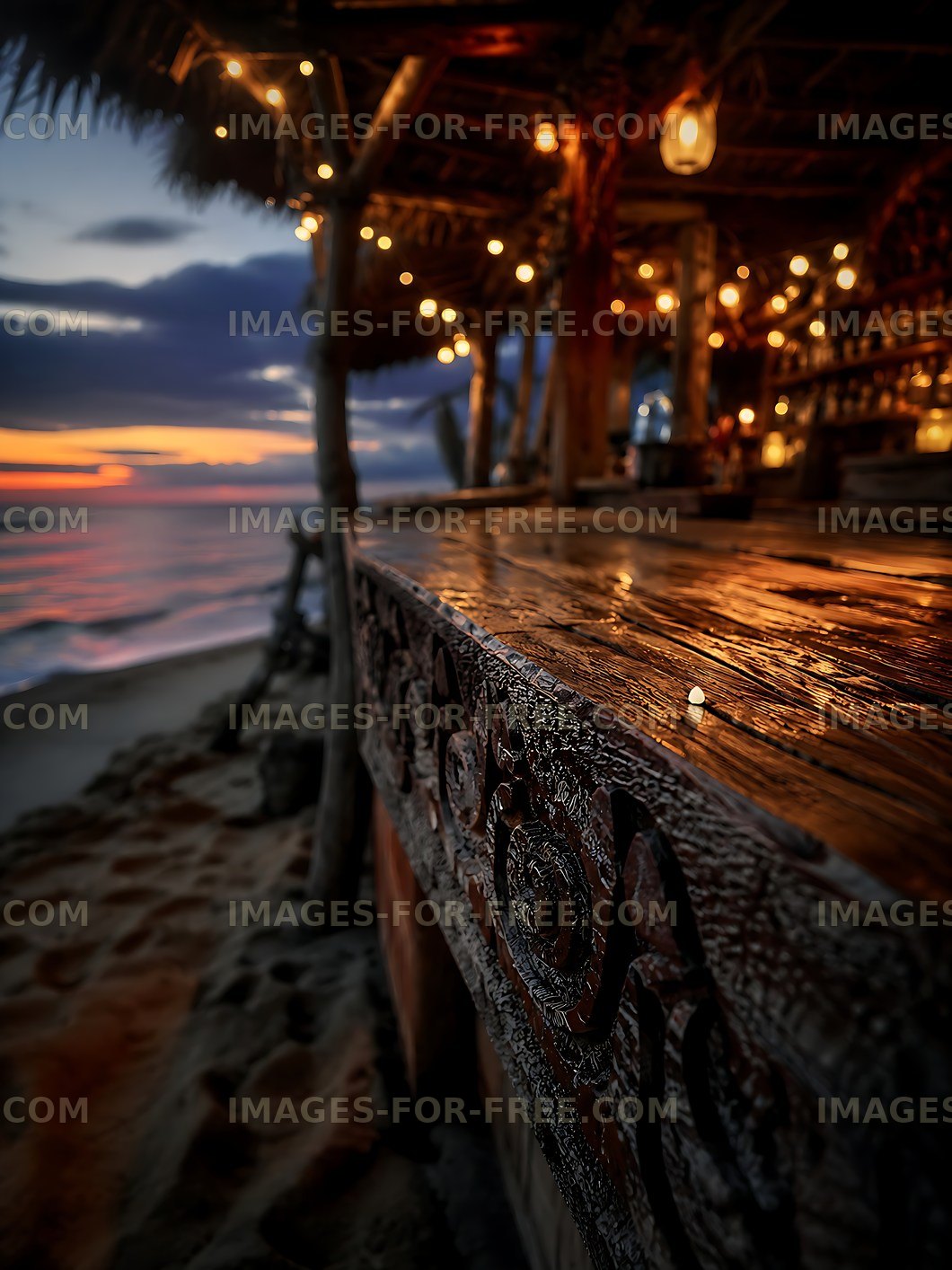 Sunset glow at beach bar with string lights and wooden decor
