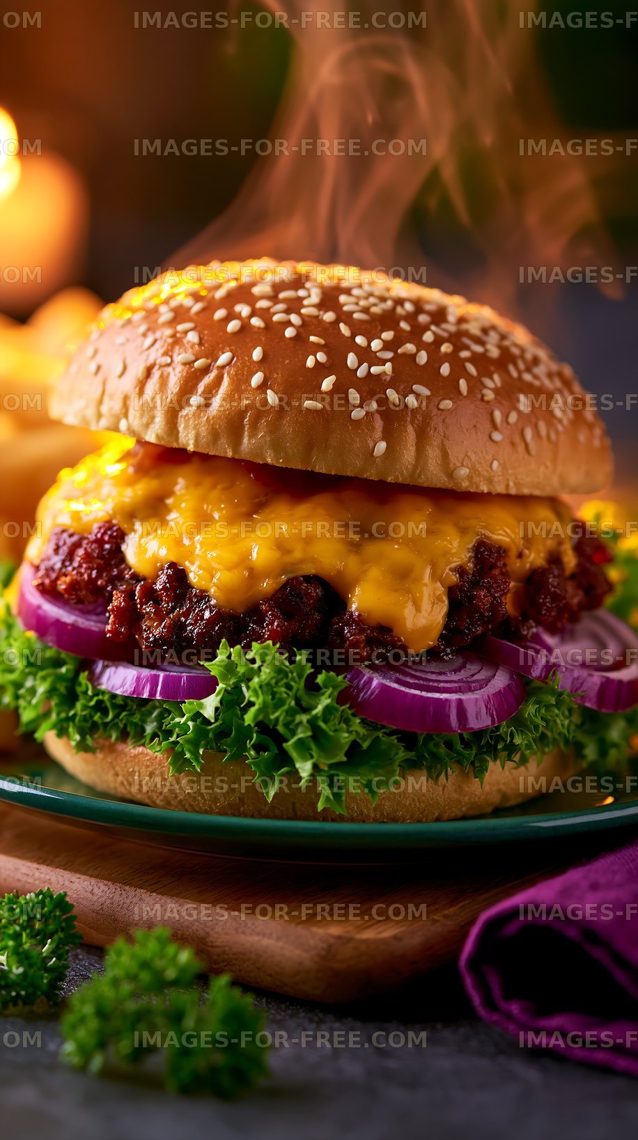 Juicy burger with melted cheese and fresh toppings on a plate