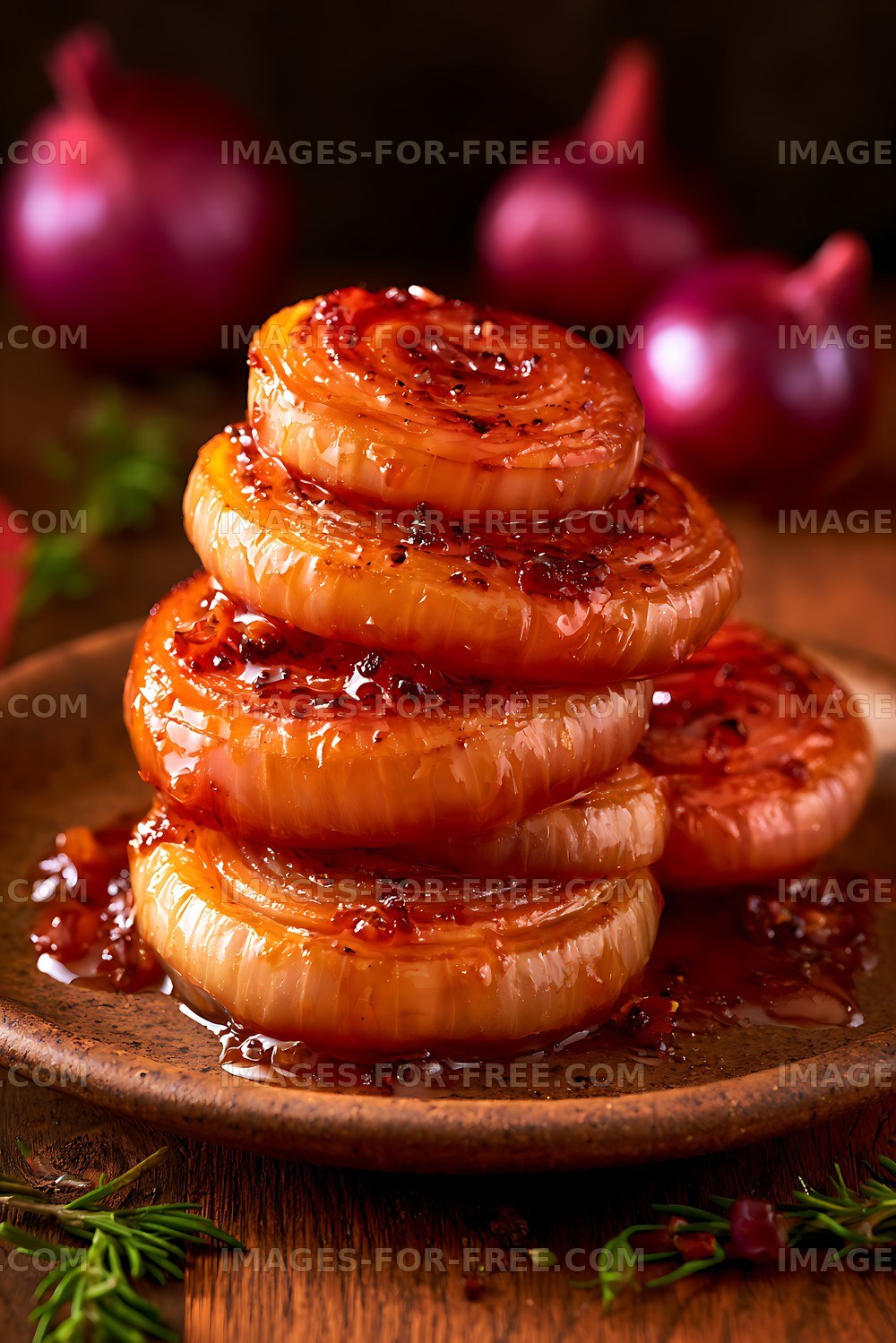Stack of glazed onions on rustic plate