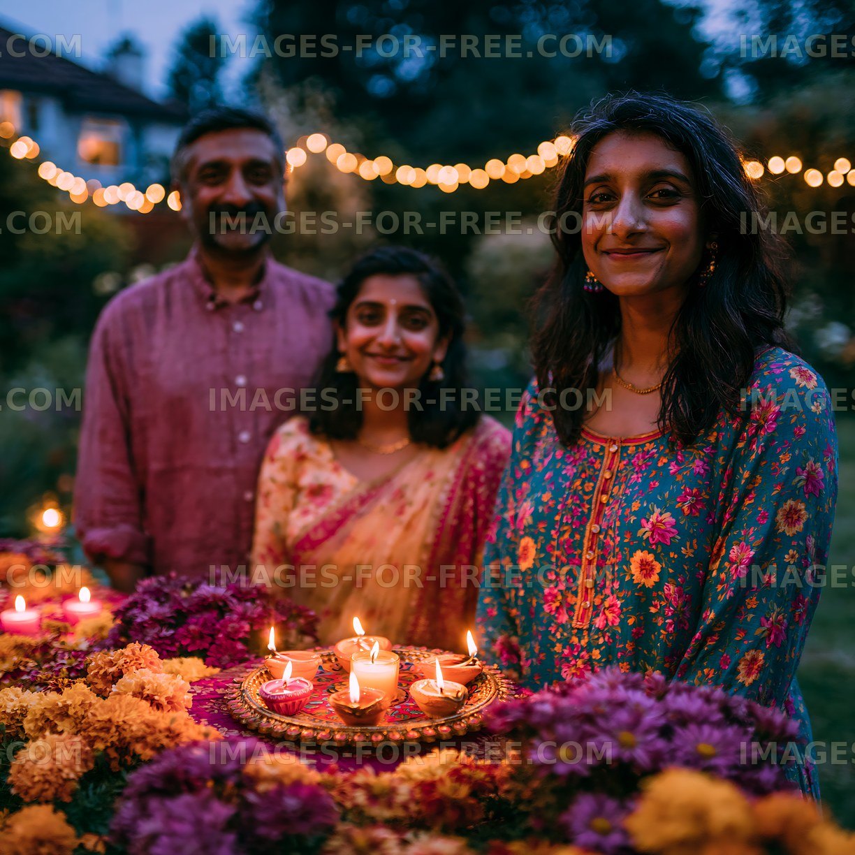 Family celebrating festival with candles and flowers in garden