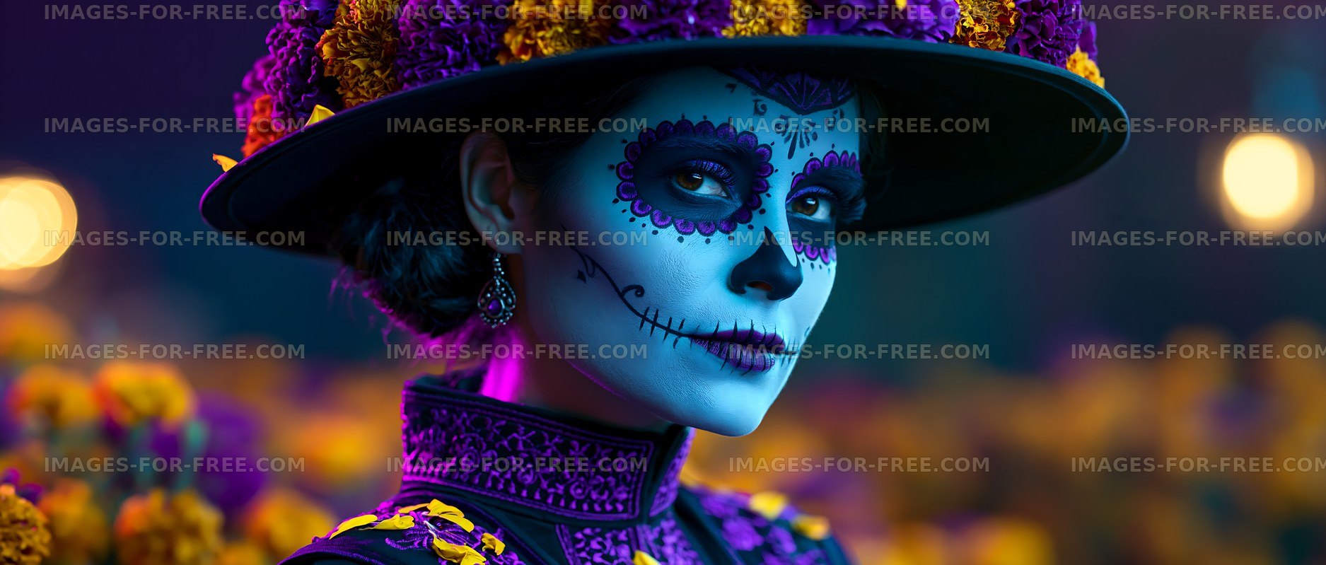 Woman with colorful face paint and floral hat at a festival