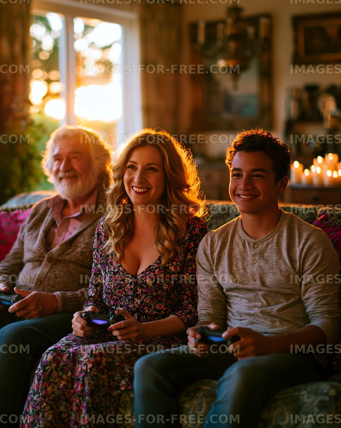 Family enjoying video games together in living room at sunset