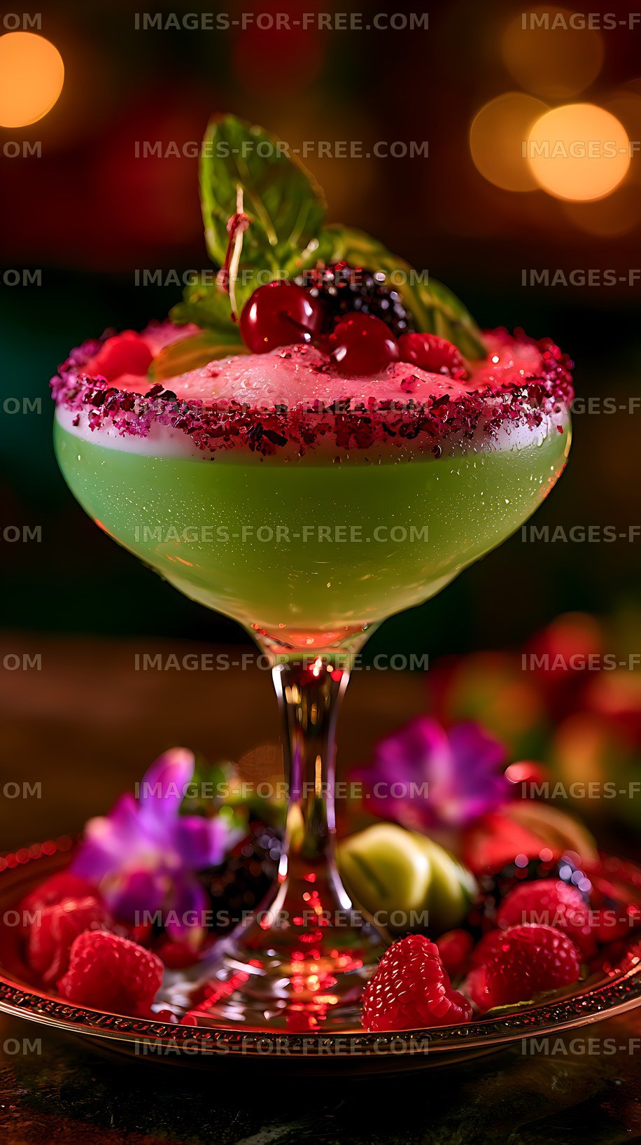Colorful cocktail with fruit garnishes on a decorative plate