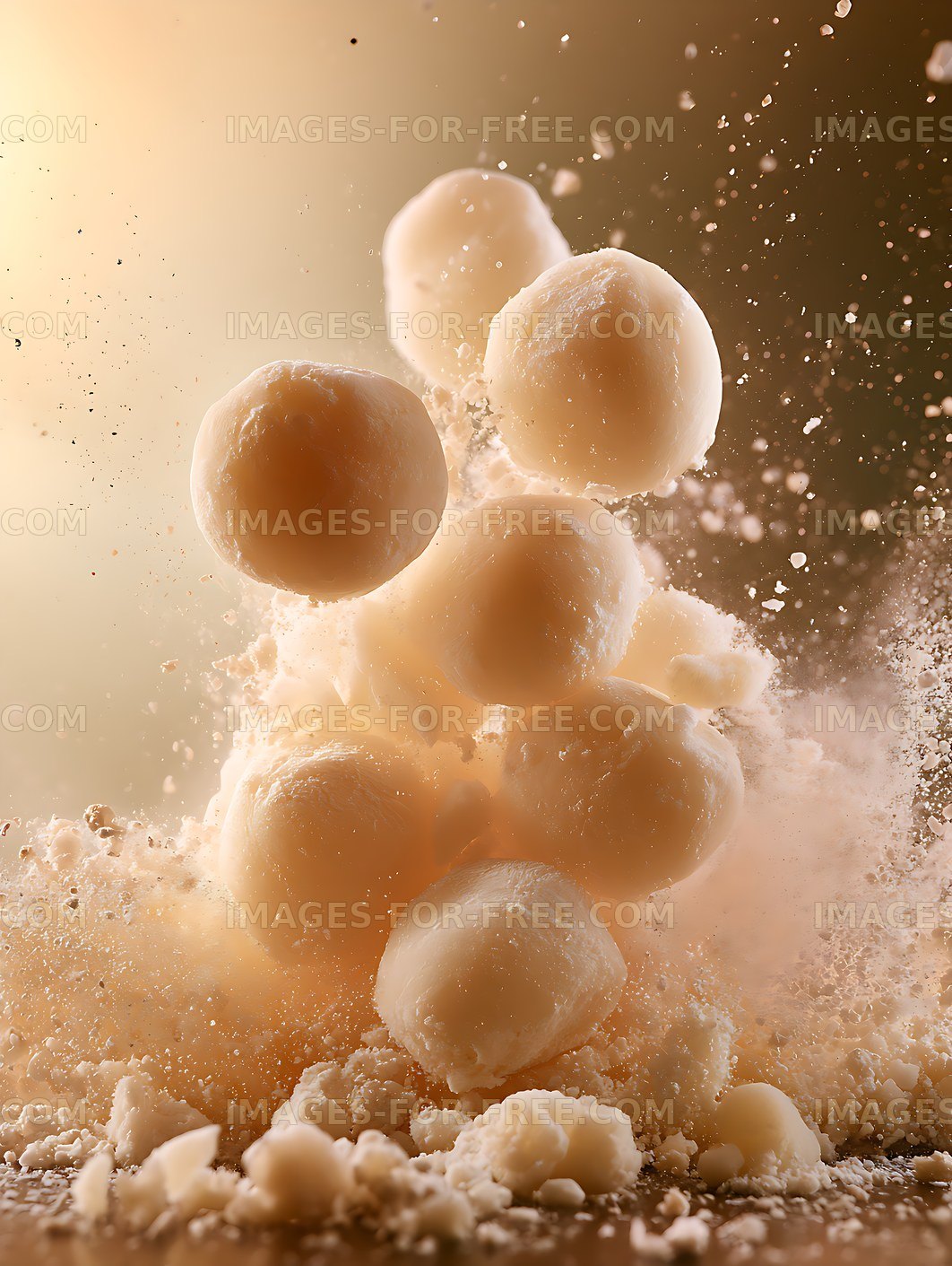 Close up of splashing balls of dough on a wooden surface