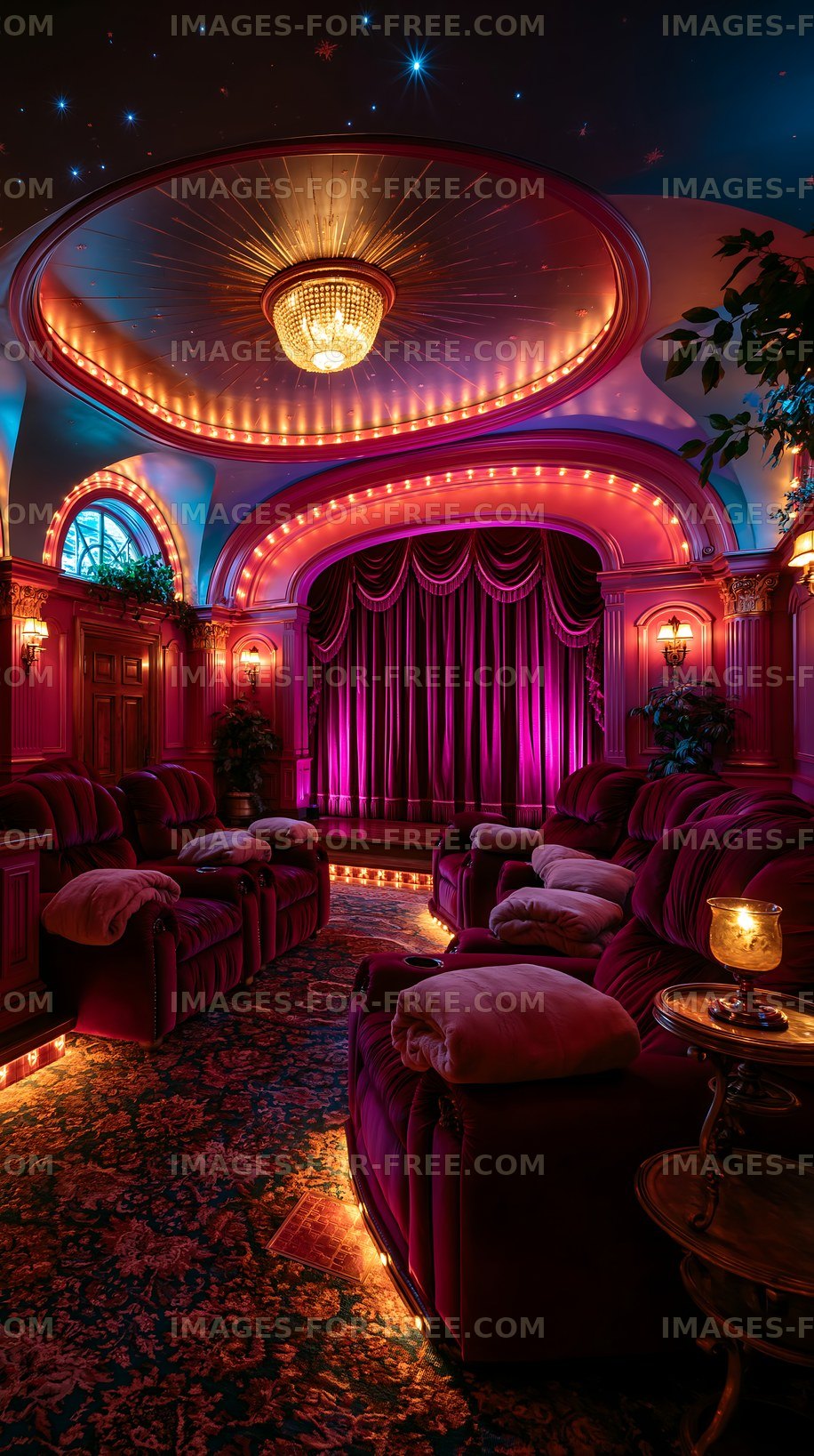Luxury home theater with rich decor and warm lighting