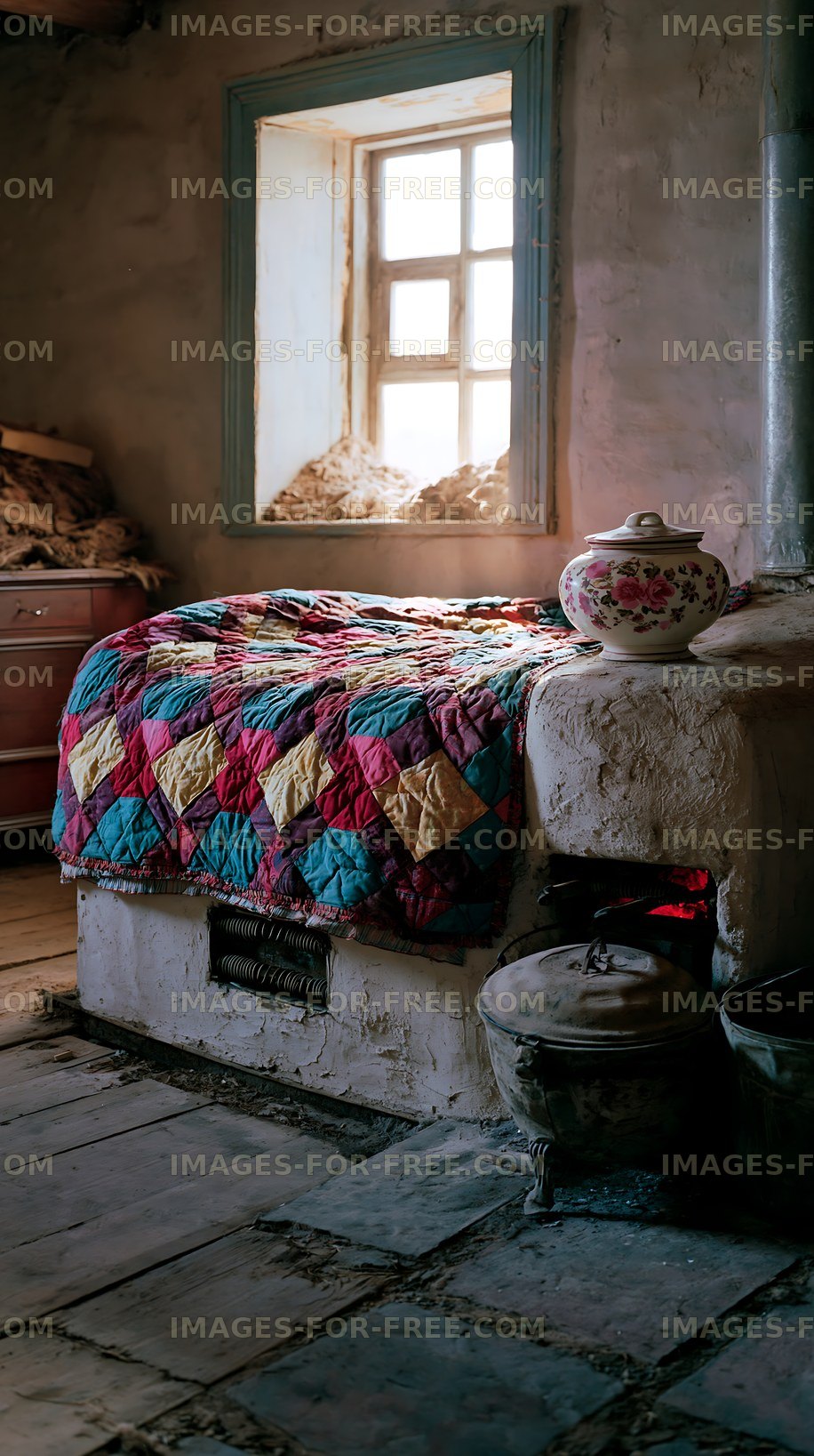 Cozy interior of a rustic room with a bed and warm light
