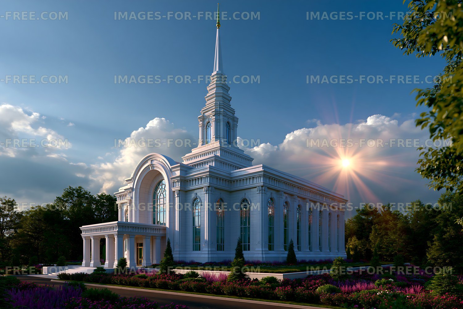 Beautiful temple with a tall spire under a blue sky