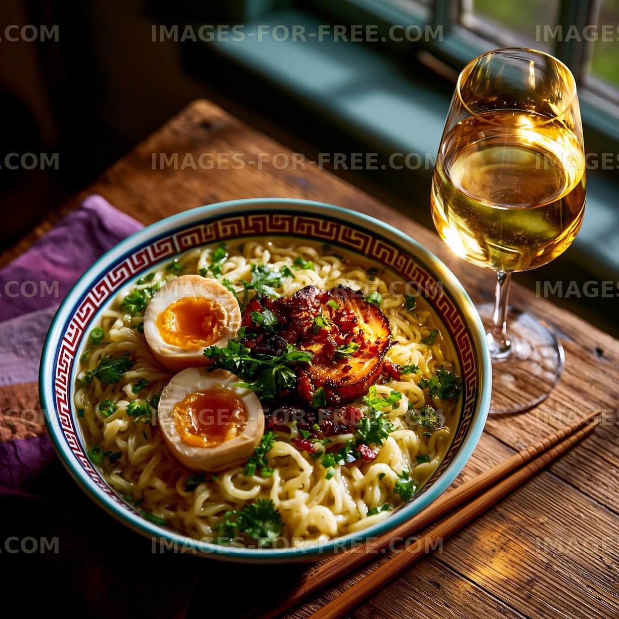 Warm bowl of ramen with soft boiled eggs and a glass of white wine