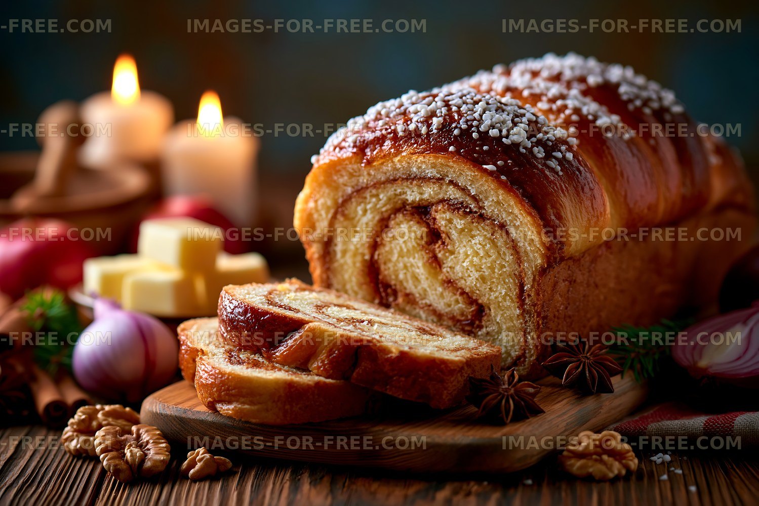 Freshly baked cinnamon roll bread on a wooden board