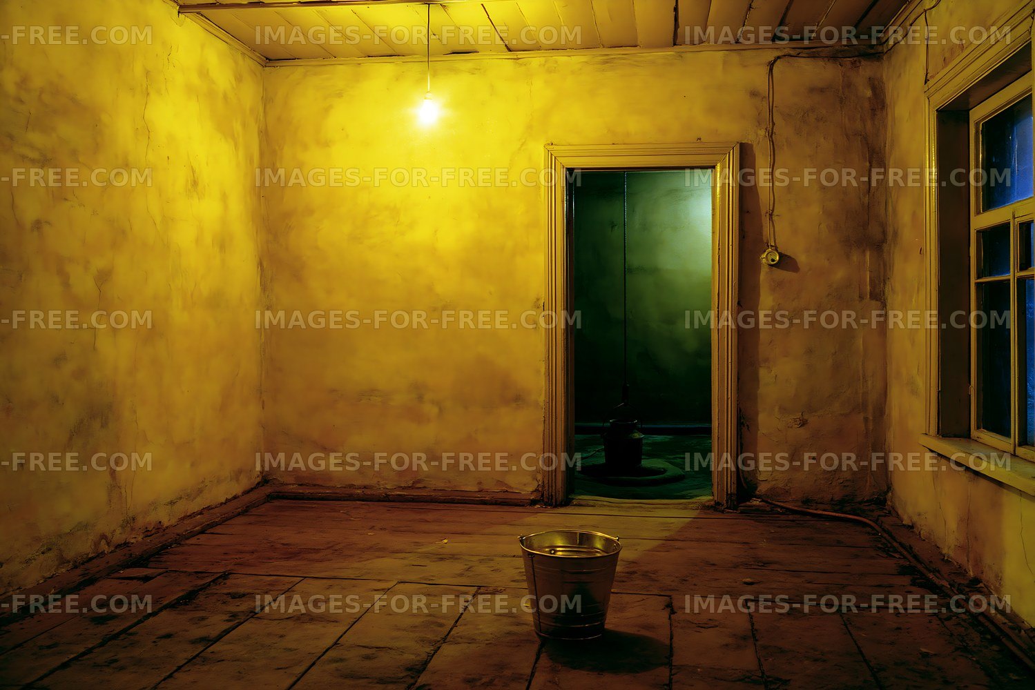 Empty room with bucket and doorway under soft light