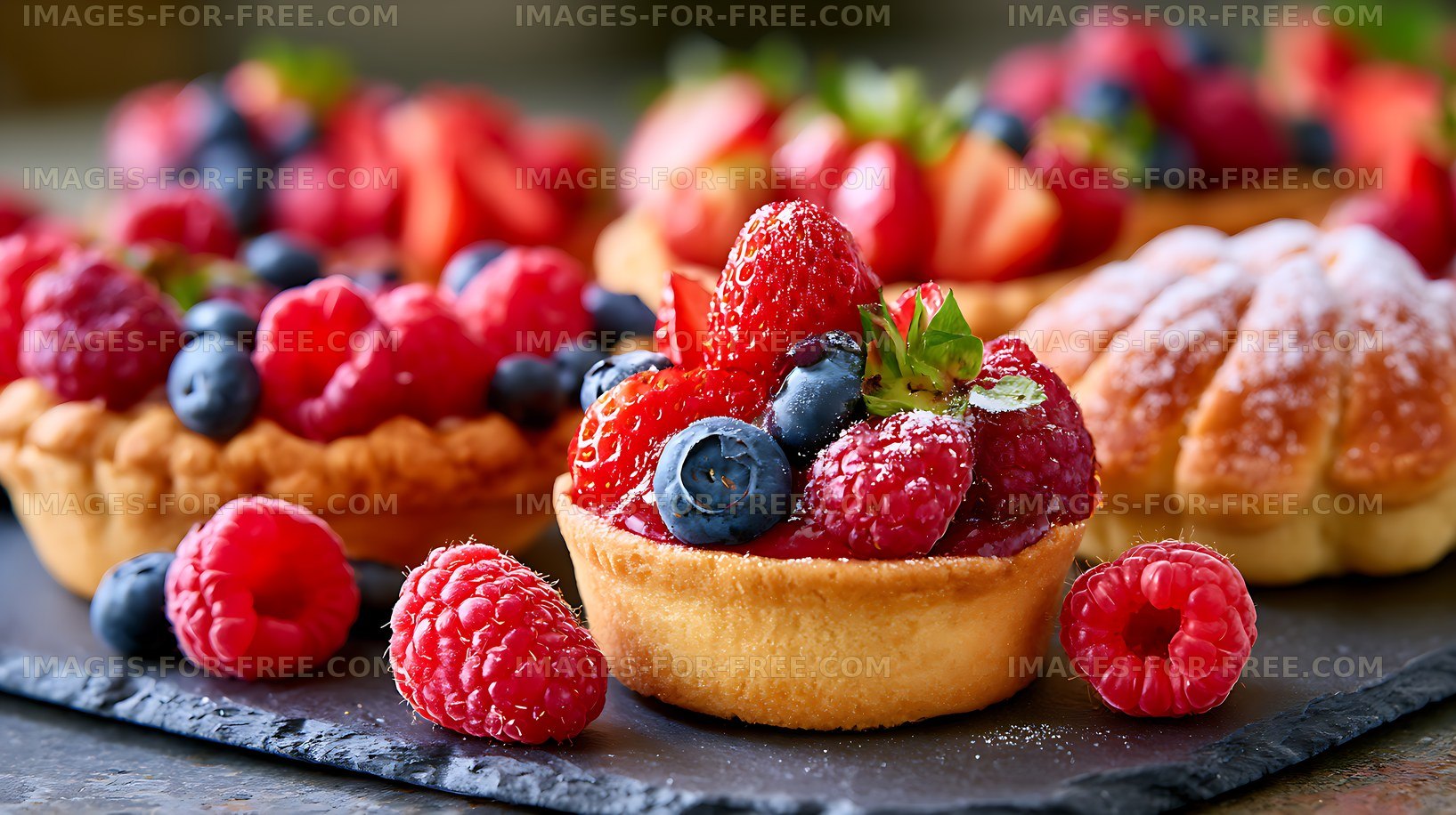 Fresh berry tart on a stone surface with other desserts present