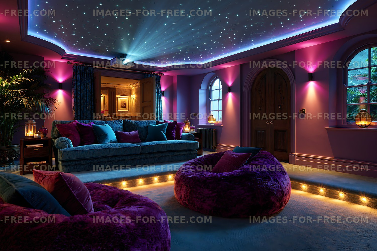 Cozy home theater with colorful lighting and comfortable seating