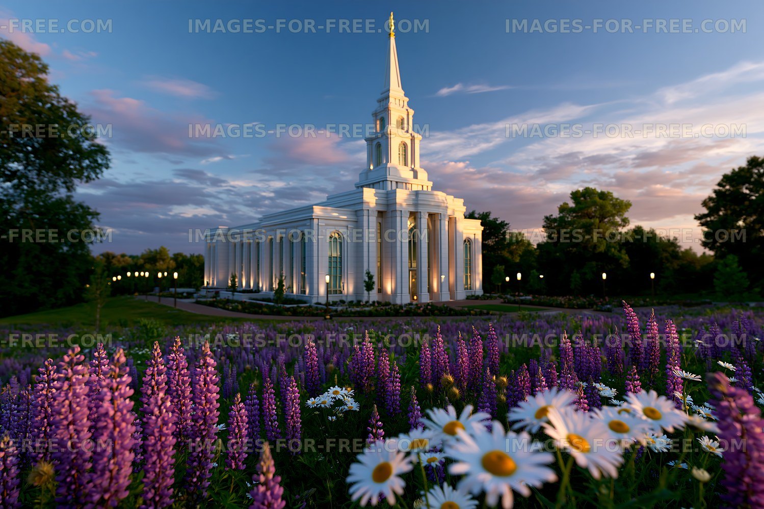Building with a spire surrounded by flowers at sunset