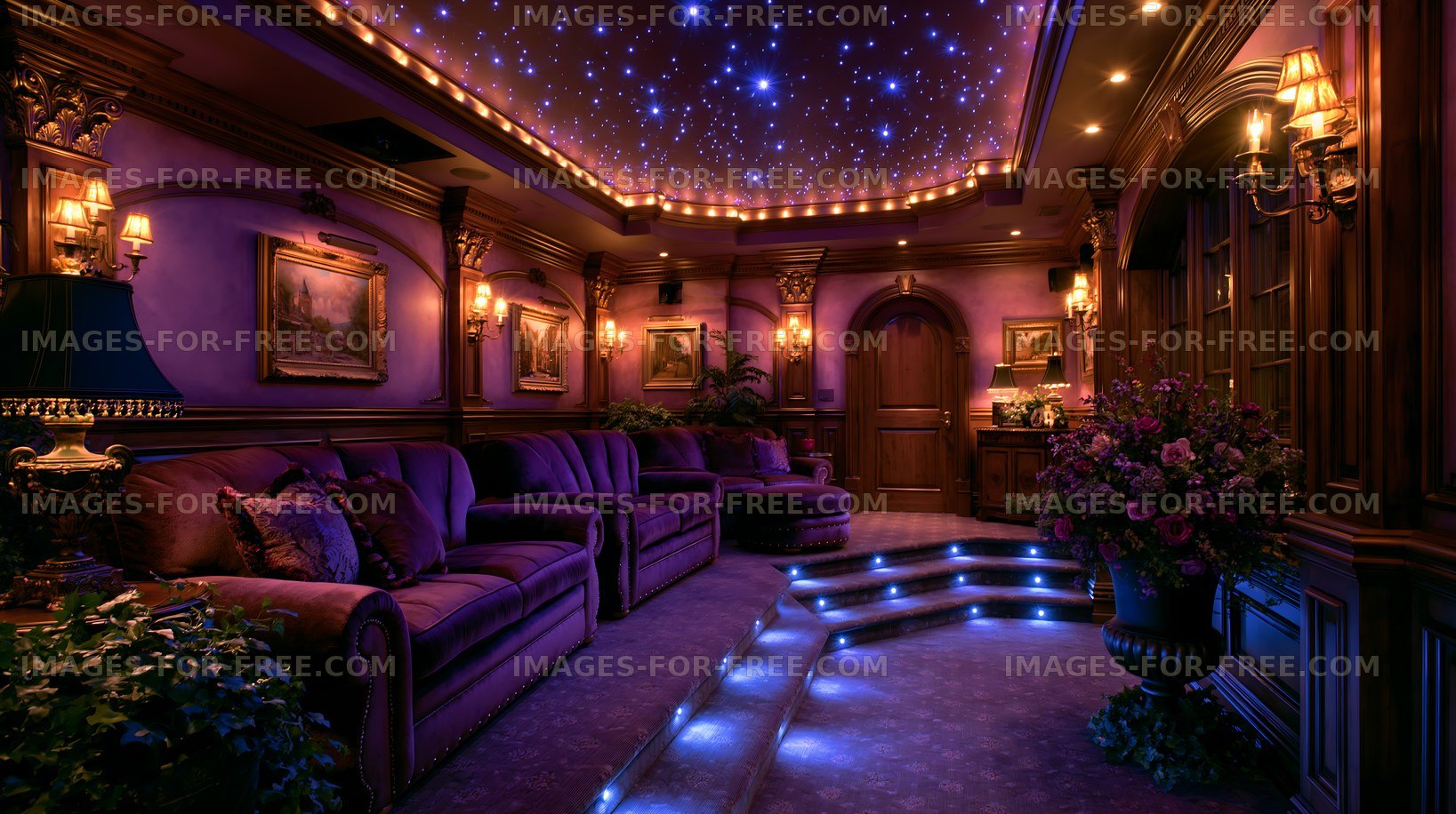 Cozy home theater with purple decor and starry ceiling