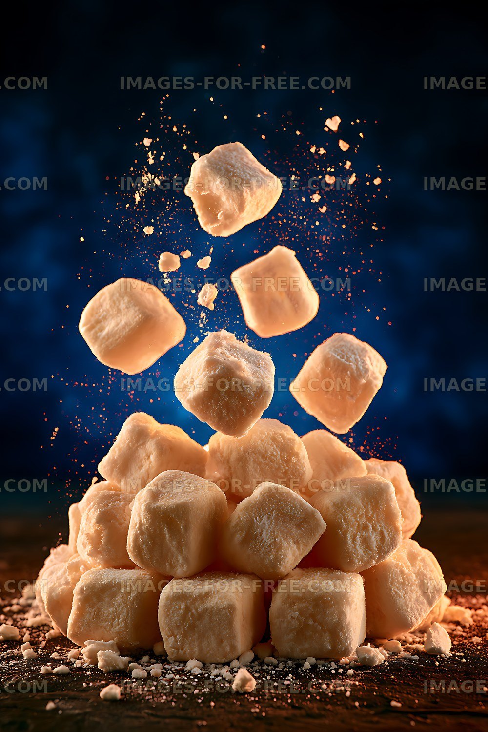 Floating marshmallow cubes creating a sugar pile