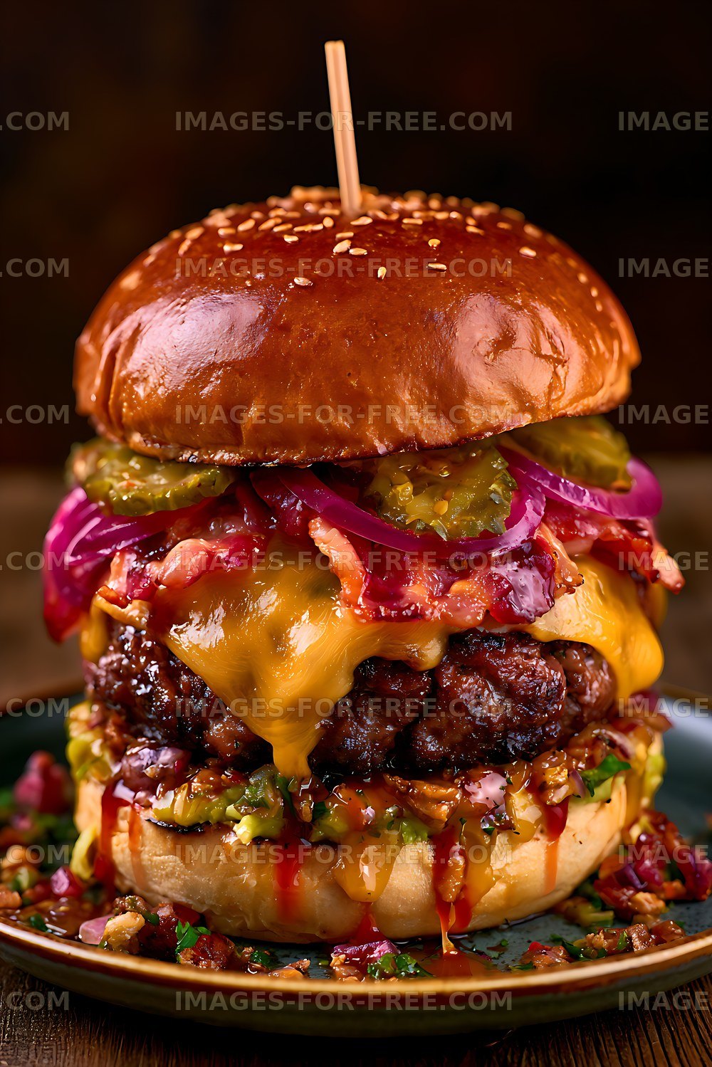 Juicy burger with cheese, pickles, and onions on a plate