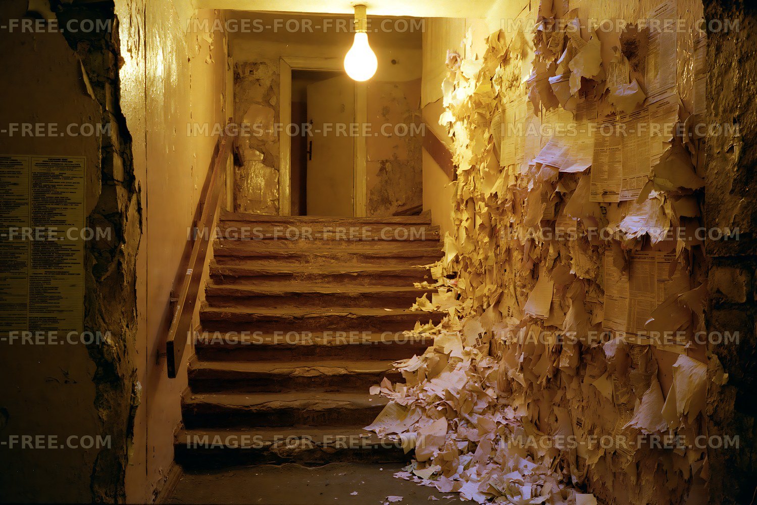 Stairs with peeling paper in a dimly lit hallway
