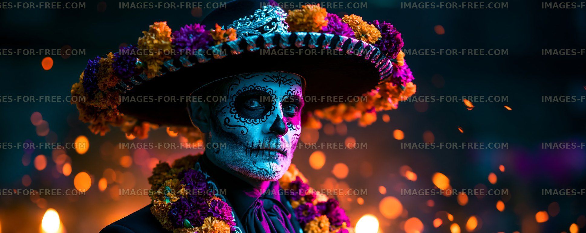 Colorful figure with skull makeup and hat during cultural event