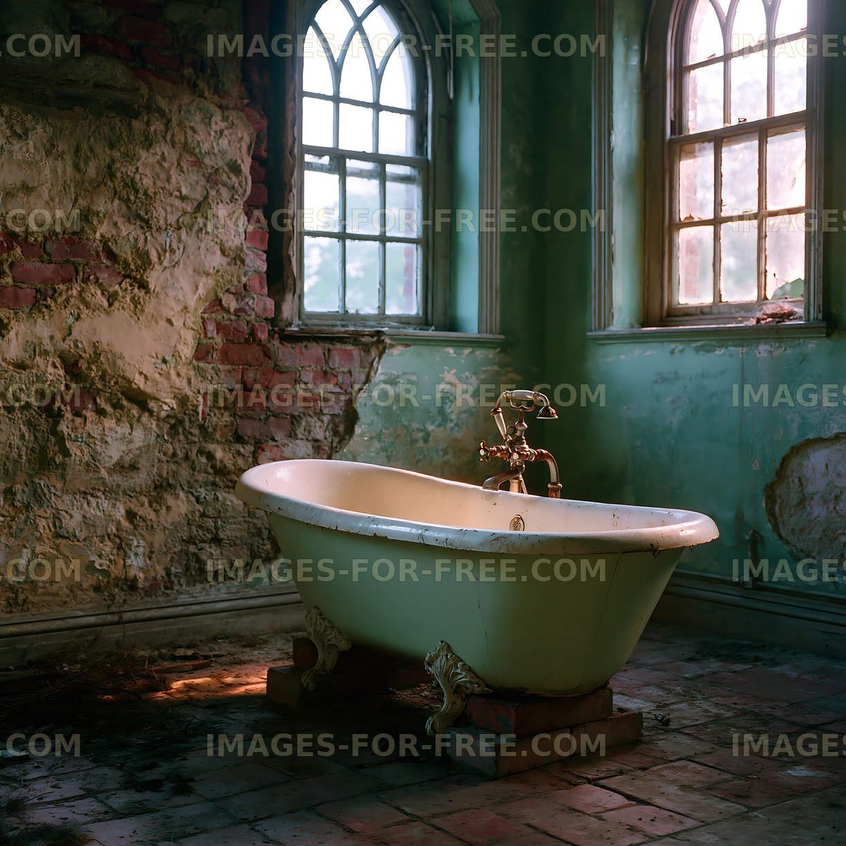 Old bathtub in a rustic room with peeling walls and light from windows