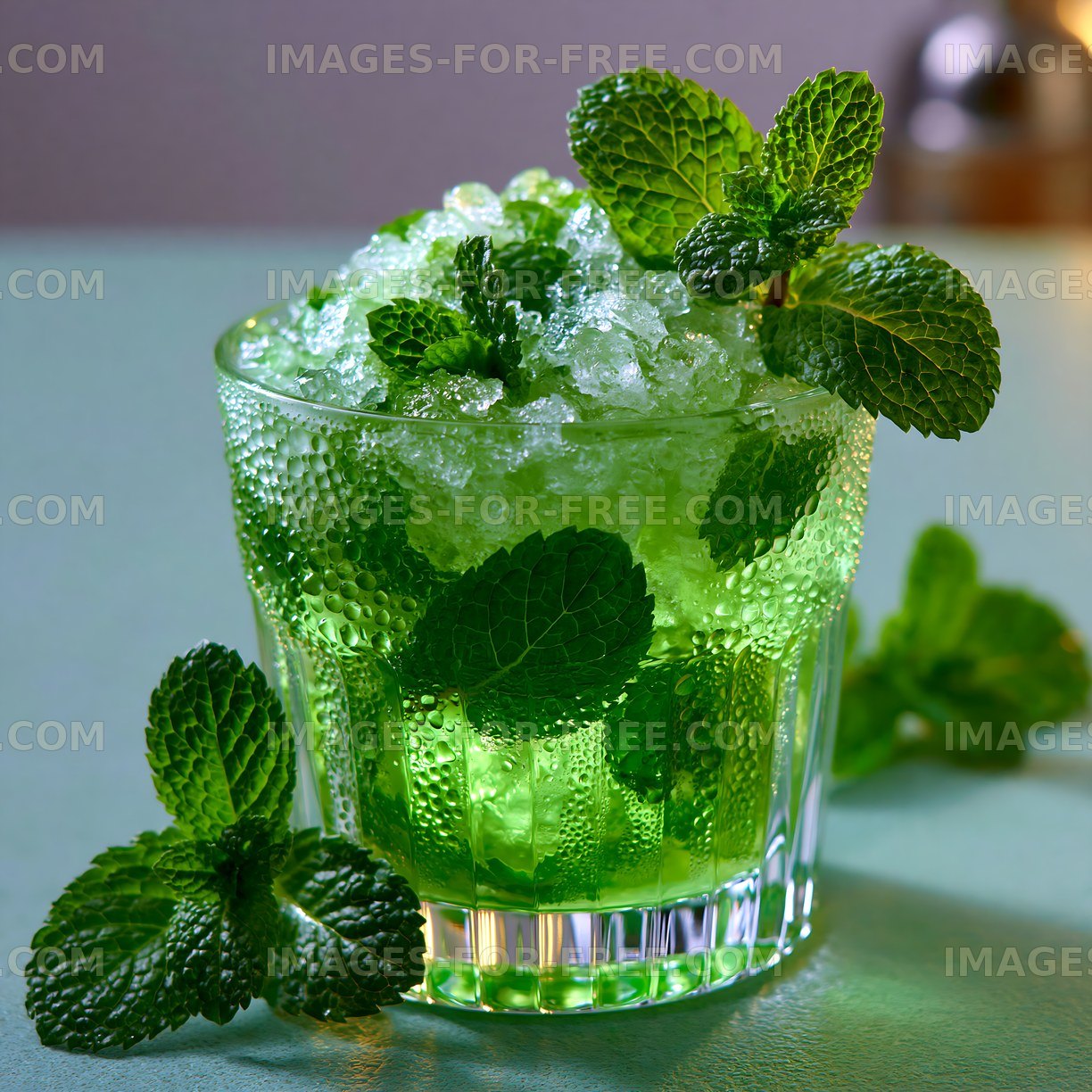 Mint and lime cocktail served with ice and fresh mint leaves