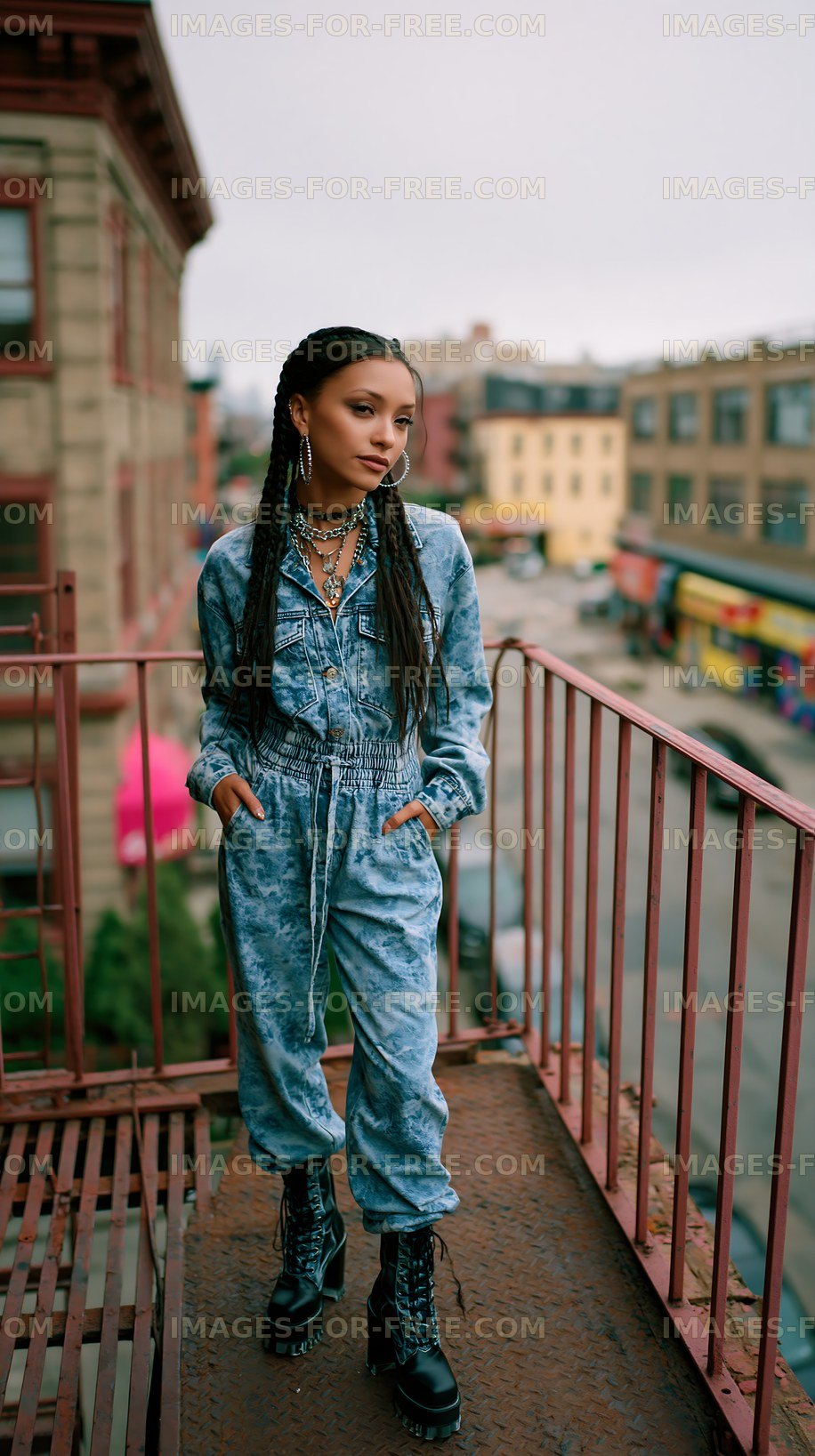 Street fashion on a balcony in a city neighborhood during daytime
