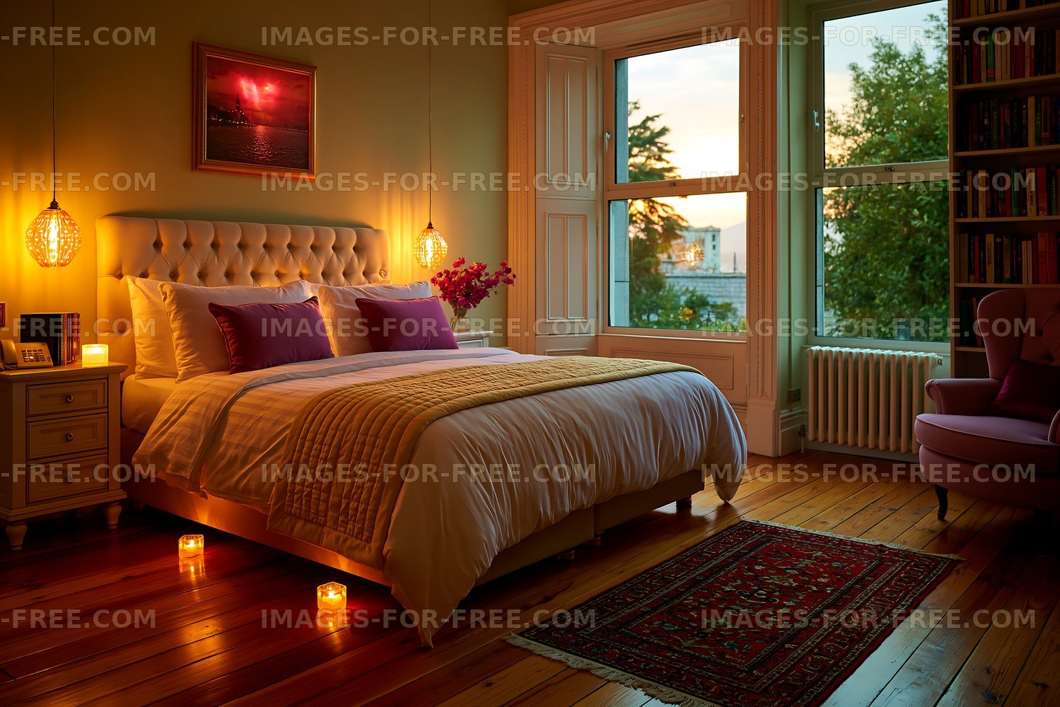 Warm bedroom with large window and soft lighting at sunset