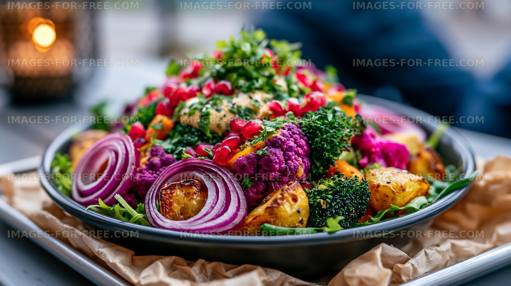 Colorful vegetable salad with fresh ingredients on rustic table