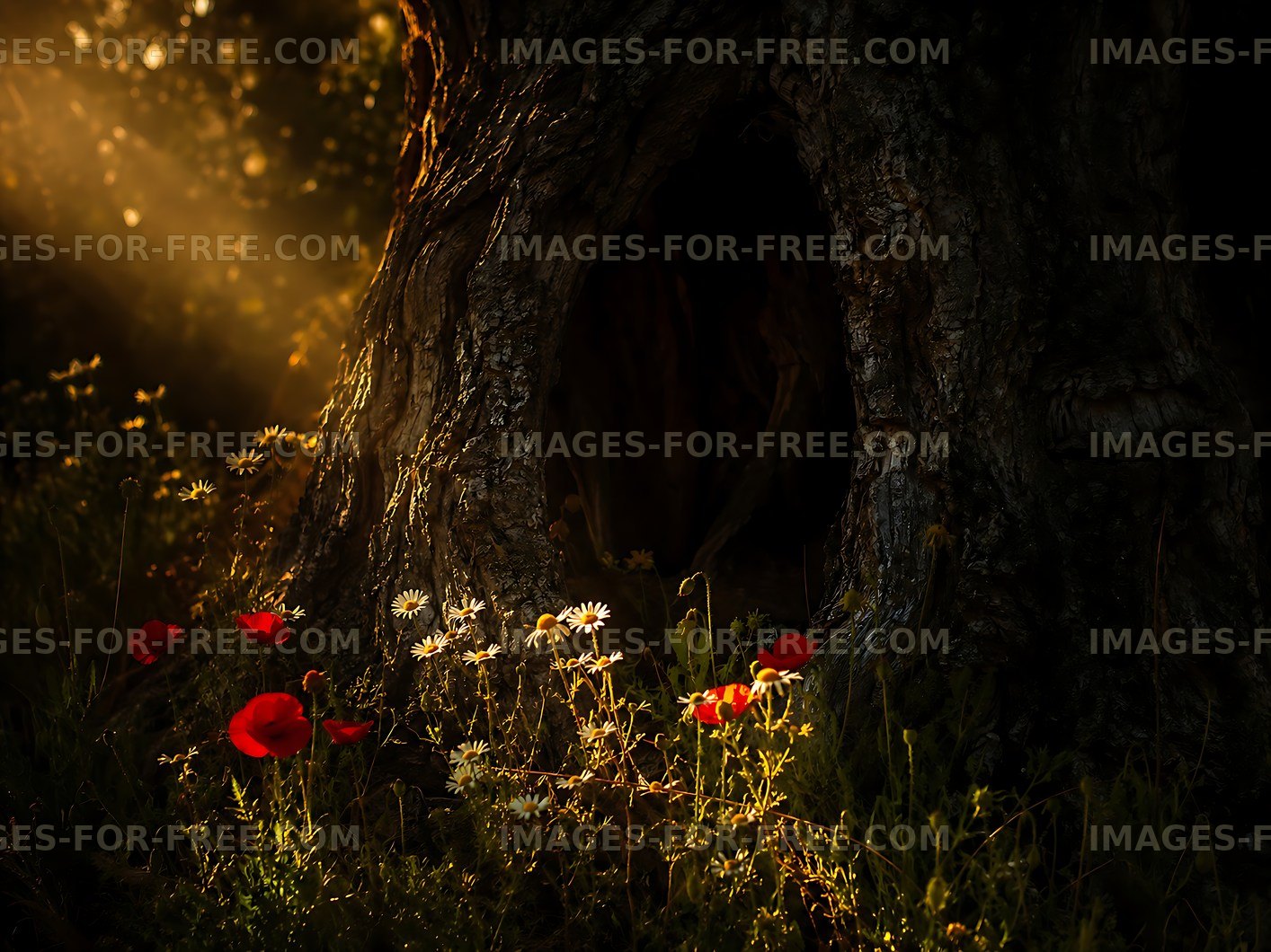 Light filtering through tree trunk in forest with wildflowers